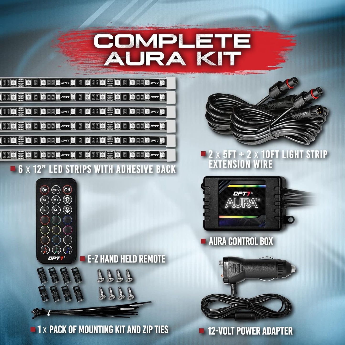 OPT7 Aura Interior Car Lights 6pc with Remote Control, Color Change, Music Sync Inside Ambient Lighting Kit, Car Truck LED Lights Under Dash Accessories, Charger Adapter 12V, 6pc Single Row LED Strip