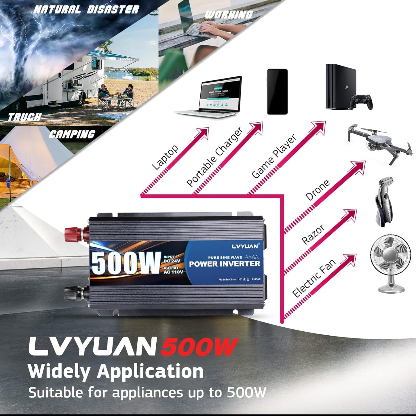 LVYUAN 500 Watt Pure Sine Wave Power Inverter 24V to 110V/120V DC to AC Converter with Dual Sockets, Dual USB Ports, LED Display for Home Outdoor RV Car Power Inverter Power Adapter