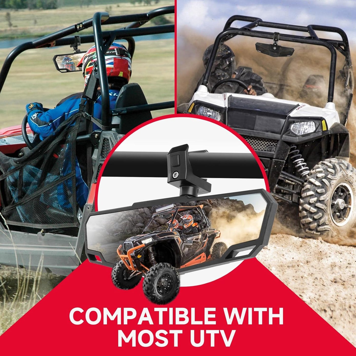 DREAMIZER UTV Rear View Mirror, 360°Adjustable Angle for 1.5" to 2.0 inch Round Roll Cage,Aluminum Clamp Convex Center Mirror Compatible with Polaris RZR General KRX Mule Can Am