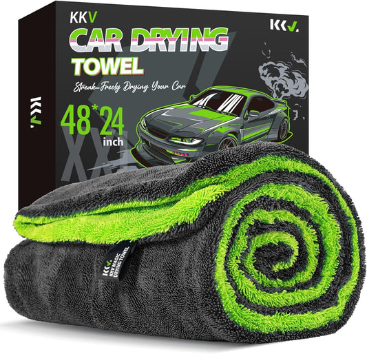 KKV Full-Sized SUV Drying Towel, 48”x24” Dual Sided Microfiber Car Cleaning Towel with Twisting Yarn Technique, 1400GSM Super Absorbent, Scratch-Free, Machine Washable (Darkgray-GreenYellow)