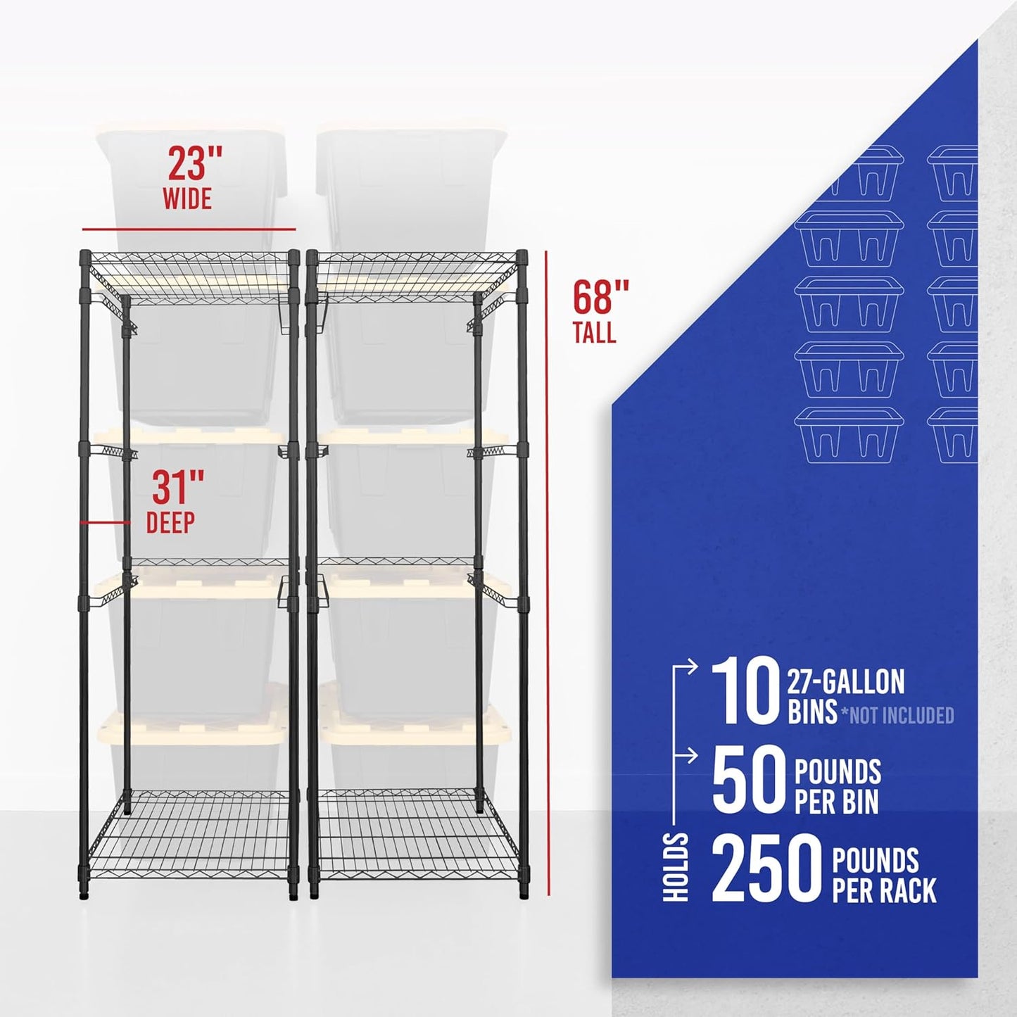 SafeRacks 2 Pack 5-Tier Steel Tote Rack - Maximize Space, Declutter, Organization, NSF Certified, Bin Storage for Garage, Pantry, Kitchen, Workspace, 5 Shelves, 31″ x 23″ x 68″, Black