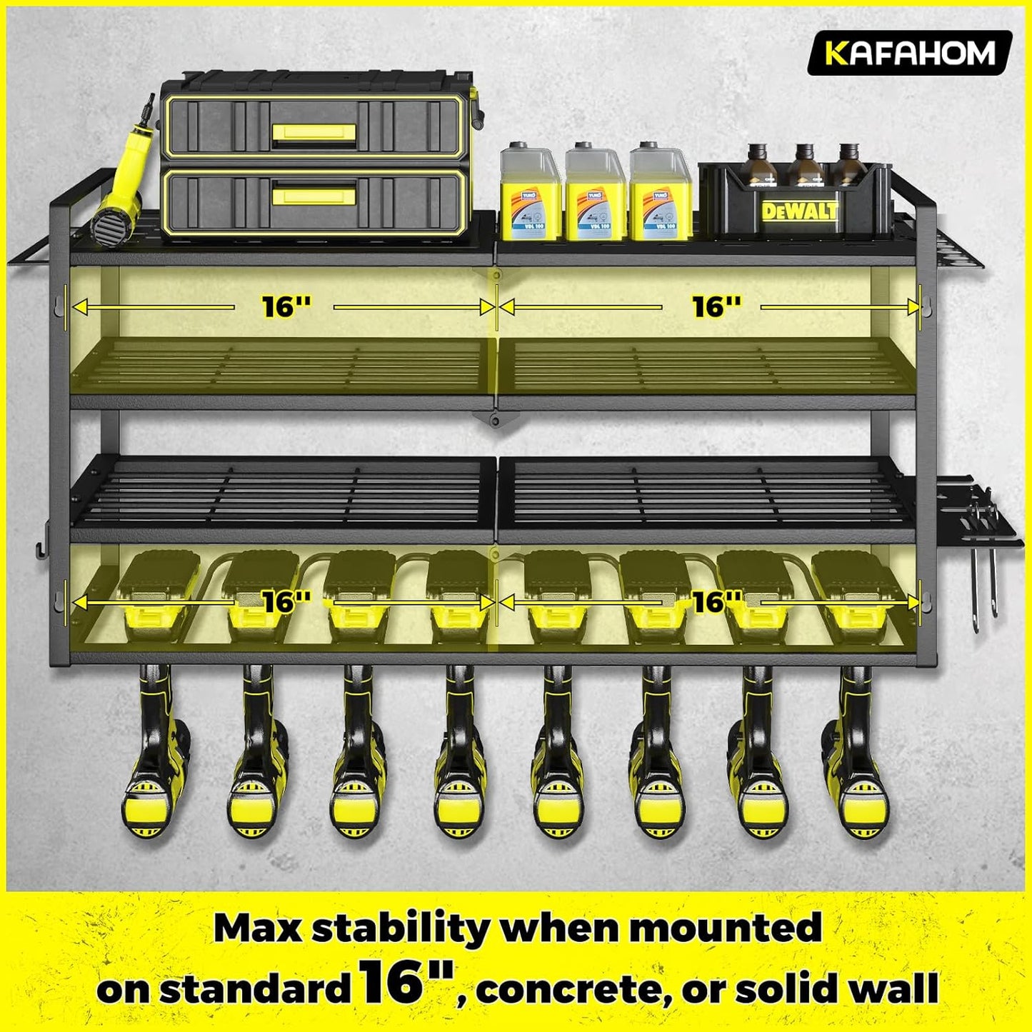 KAFAHOM Power Tool Organizer-8 Drill Holder Wall Mount，Tool Organizer and Storage rack for Garage Organization， Heavy Duty Metal Tool Shelf with Air tool/Screwdriver/Hammer/Plier Holder