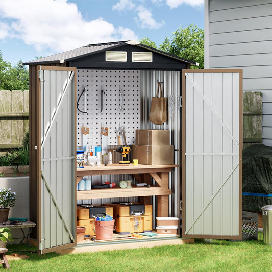 5x3FT Outdoor Steel Storage Shed with Floor Frame, Lockable Doors, Compact Metal Tool Shed for Garden, Backyard, Patio, Utility, and Bike Storage,Brown