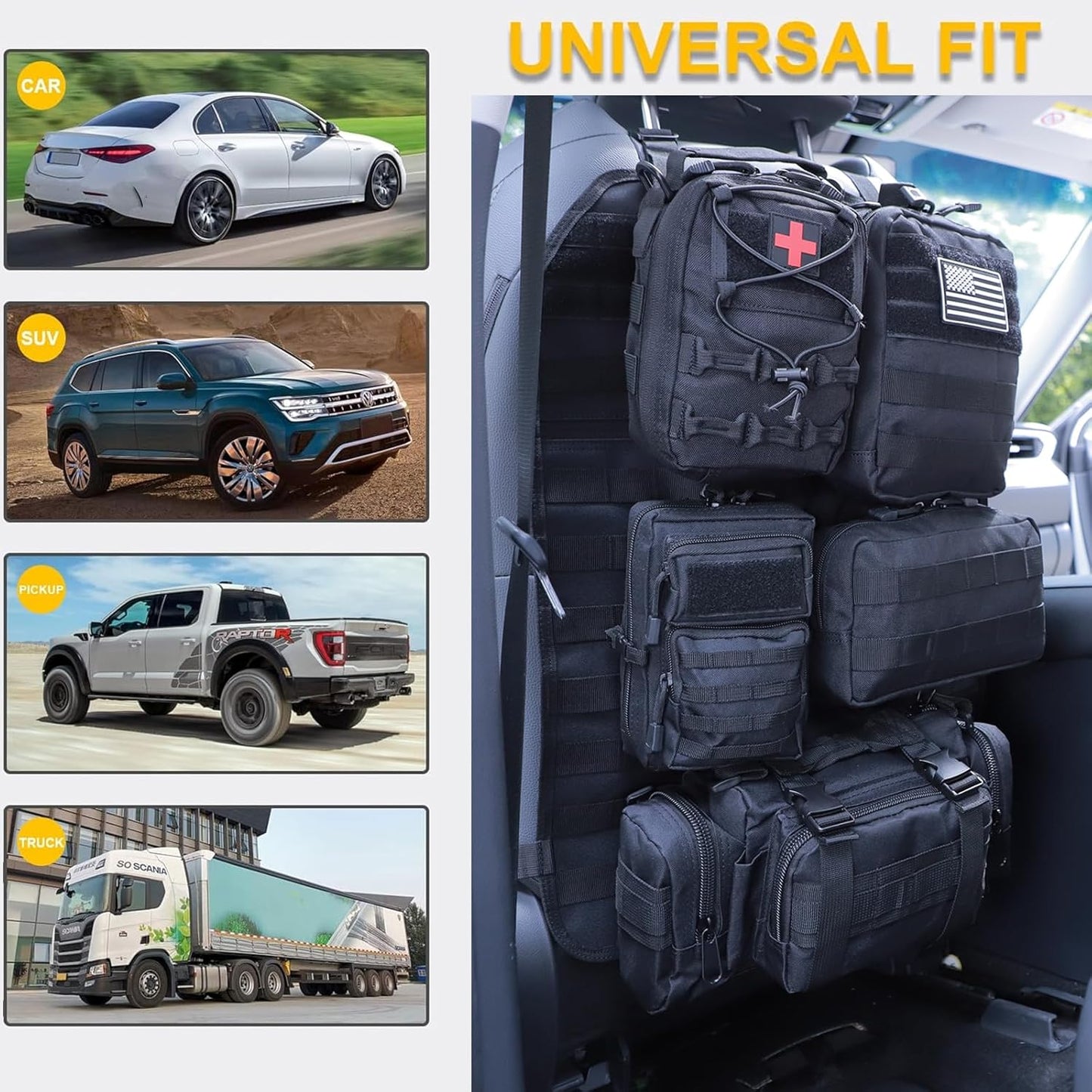 Universal Tactical Seat Back Organizer Vehicle Molle Panel Organizer Storage Bag with 5 Detachable Molle Pouch for All Vehicel Such as Jeep,Truck,SUV, Car, Ford,Chevy etc