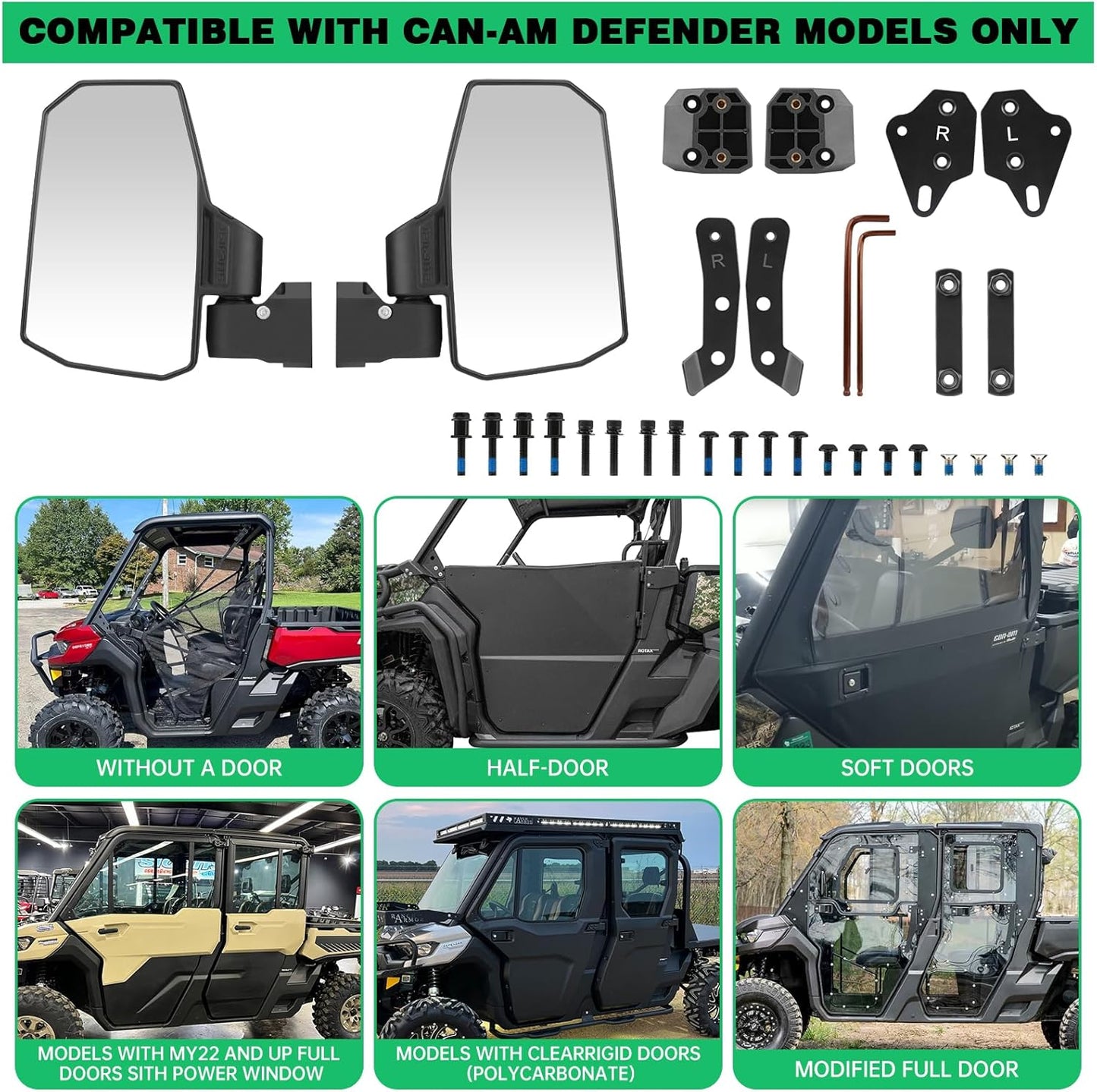 Defender Side Mirrors,The Spring Back Feature Allows Easy Reset After Fold,2024 New UTV Mirrors Compatible with Can Am Defender HD10 HD9 HD8 HD7 HD5,Suitable for No Door,Half Door,Full Door