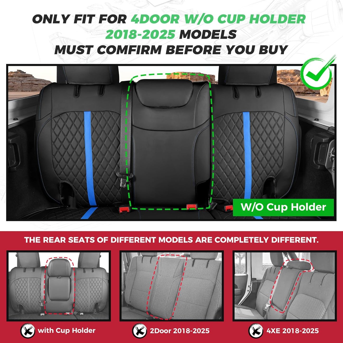 for Jeep Wrangler Seat Covers 4Door JL 2018 2019 2020 2021 2022 2023 2024 2025, Custom Car Seat Cover Full Set, Luxury Waterproof Leather Seat Protectors, Black Blue Trim, W/O Rear Cup Holder