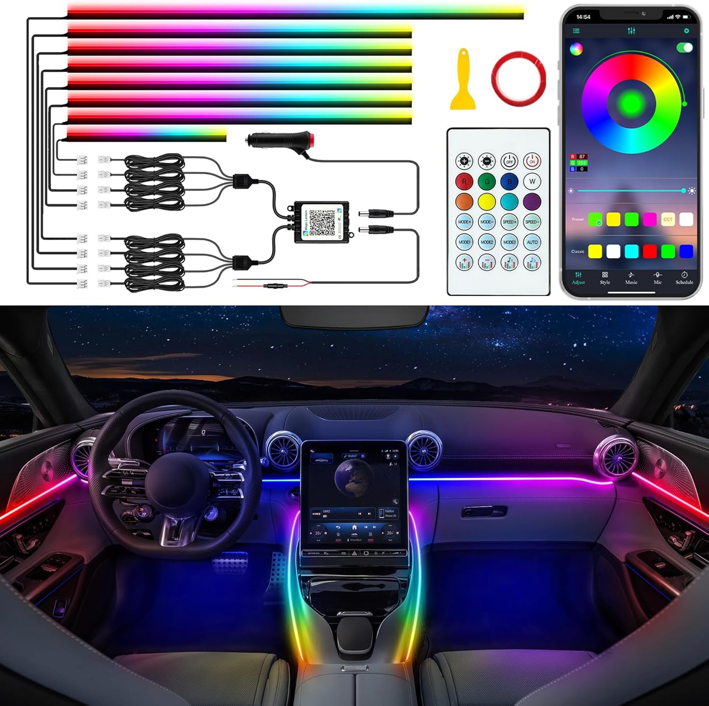 Car LED Strip Lights, Interior Acrylic LED Lights for Car with Dynamic Rainbow Dream Color Chasing, Car Ambient Lighting Kits, Music Sync (8 in 1(6 * 29.5+43.3+14.5 inches))