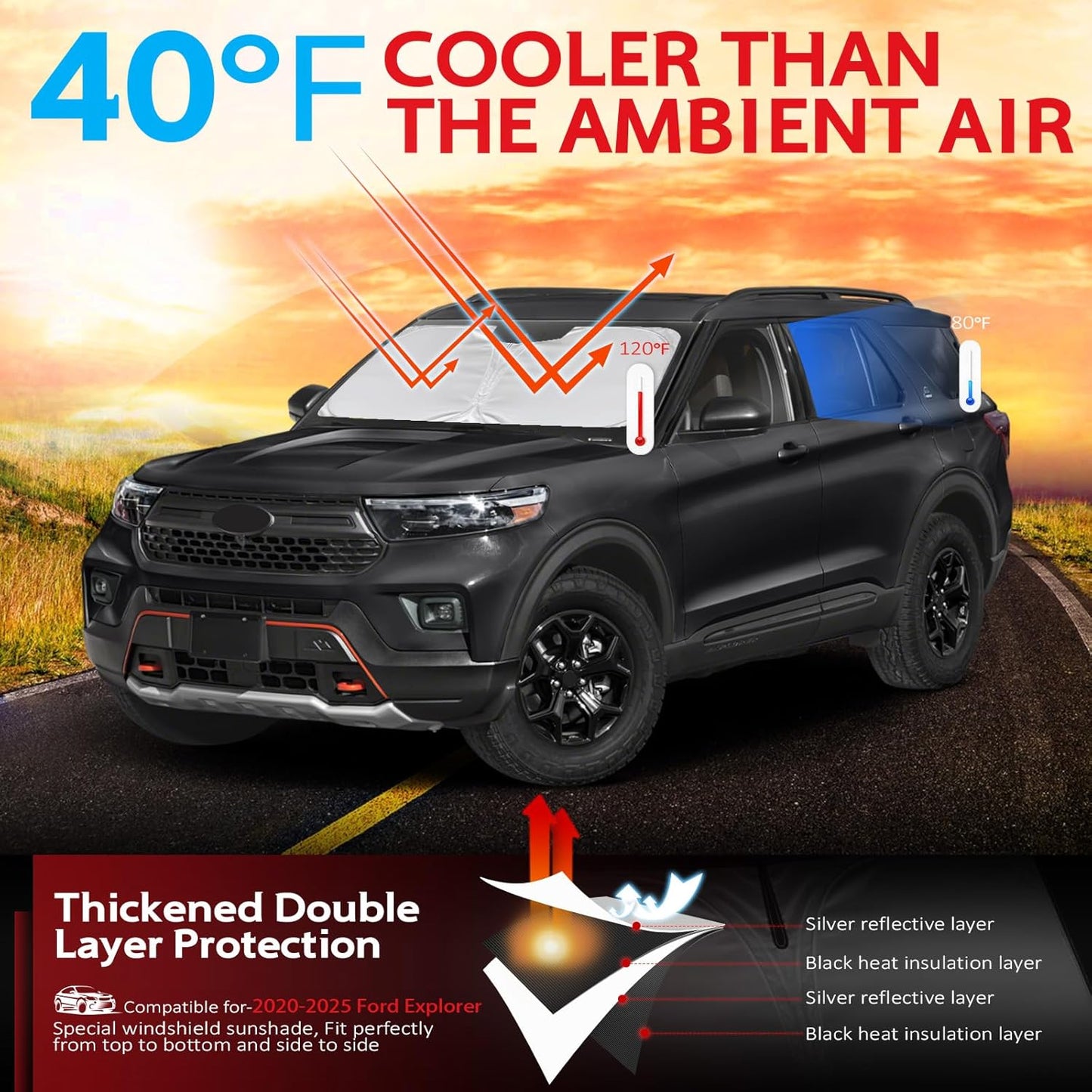 KAYZT Windshield Sun Shade for 2020-2025 Ford Explorer SUV Foldable Sunshade Front Window Custom Fit Car Accessories