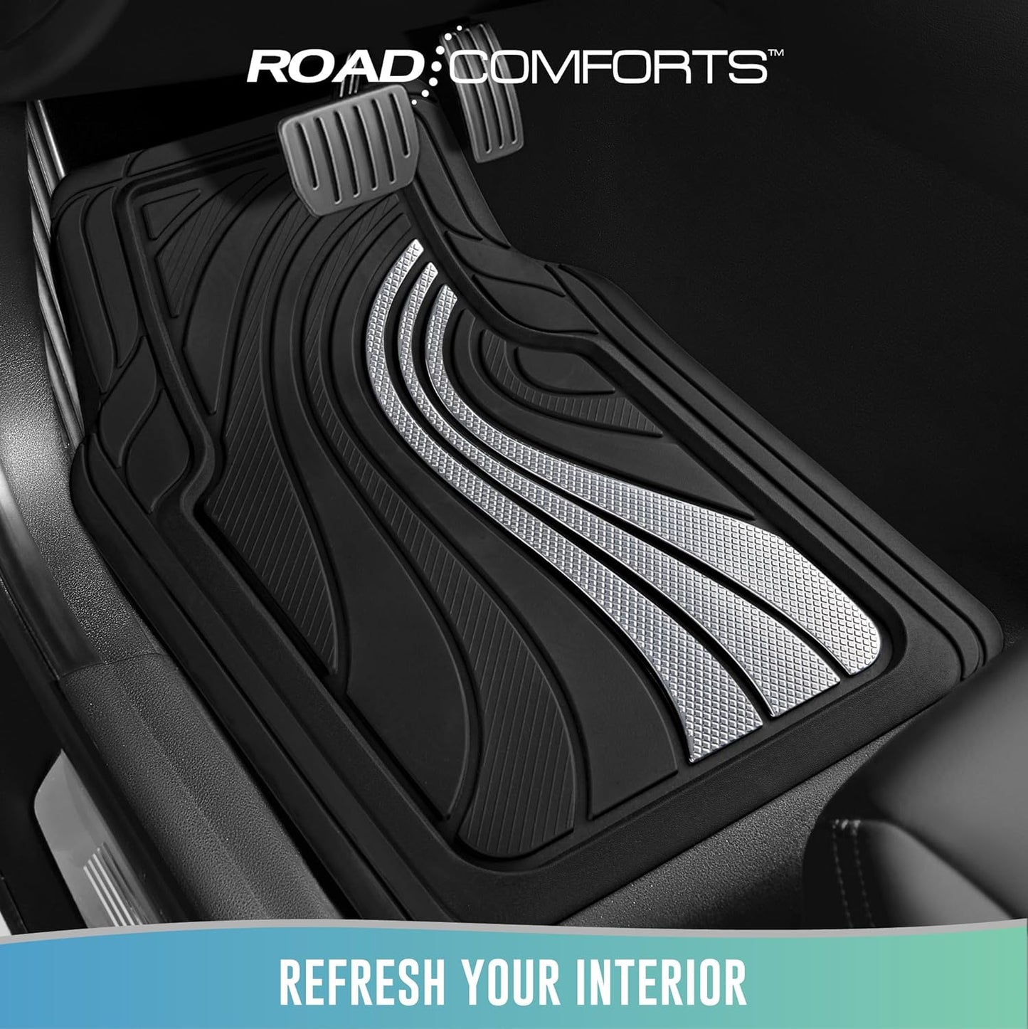 Road Comforts Car Floor Mats Full Set – Front & Rear Car Floor Mats with Aluminum Design, Anti-Slip Backing, All-Weather Protection, Trim-to-Fit Car Mats for Most Sedans, SUVs & Vans - Sliver