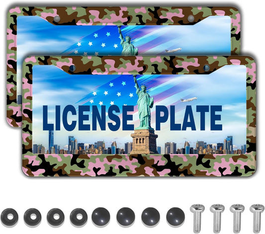 License Plate Protector Multicolor License Plate Frames Pink Camouflage Camo Aluminum Metal Car Accessory 2 Pack with Screw Covers Set