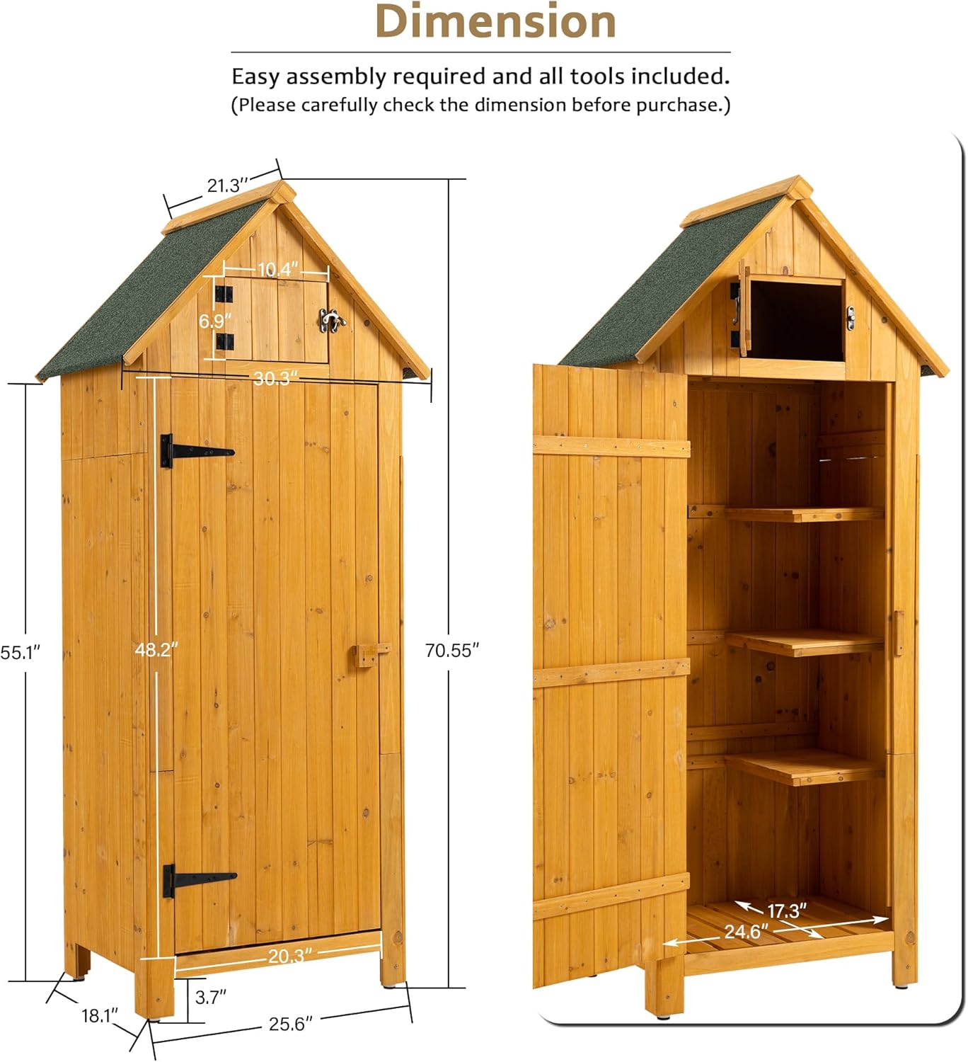 30.3" L X 21.3" W X 70.5" H Outdoor Storage Shed with Waterproof Roof, Solid Fir Wood Frame, and 3 Compartments for Garden Tools, Mower, and Hose,Natural Wood