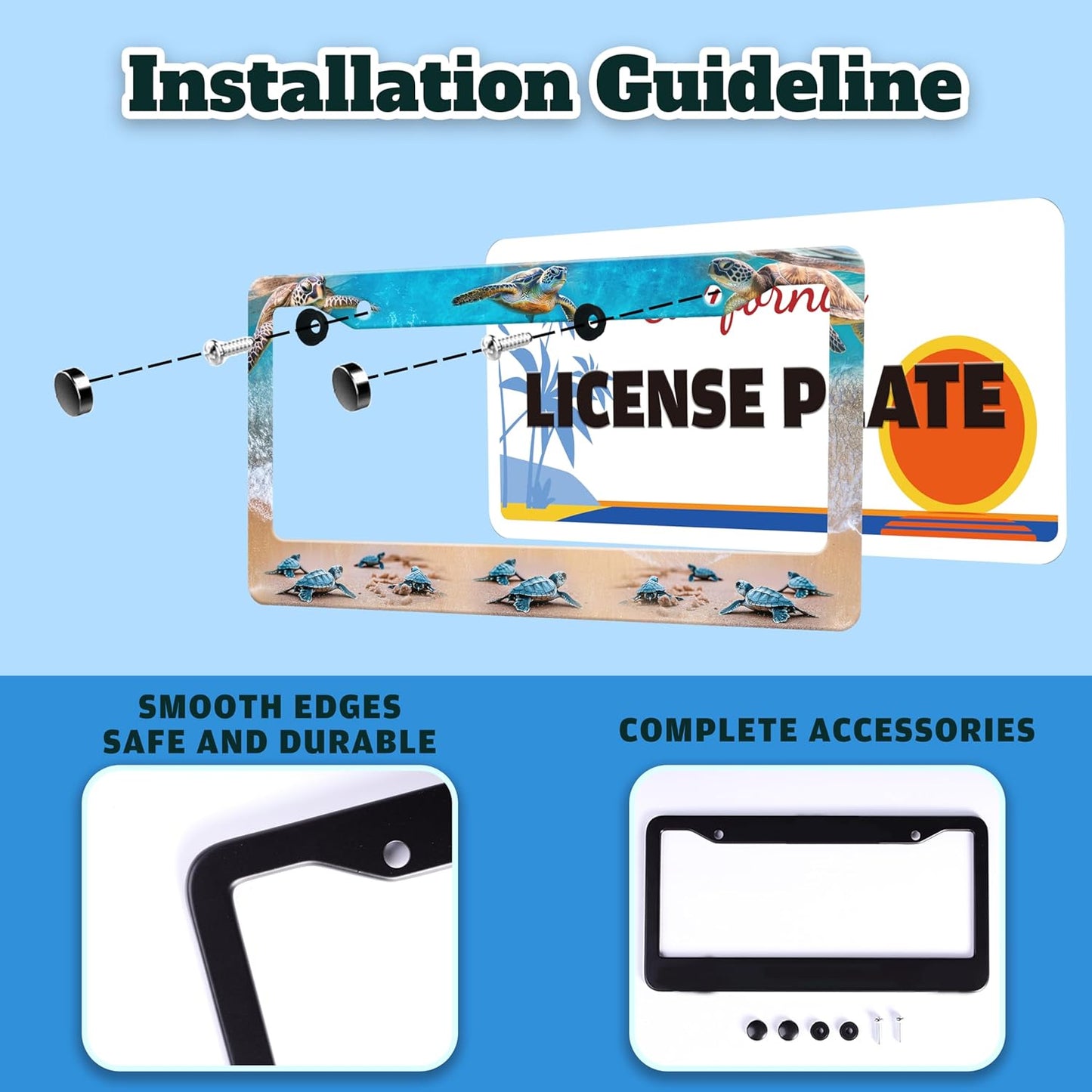 Sea Turtle License Plate Frame Seaside Beach Stainless Steel License Plate Holder for Front or Rear Car Tags Funny for Car Decoration Accessories with Screws 6.3 X 12.2 in for Women Men