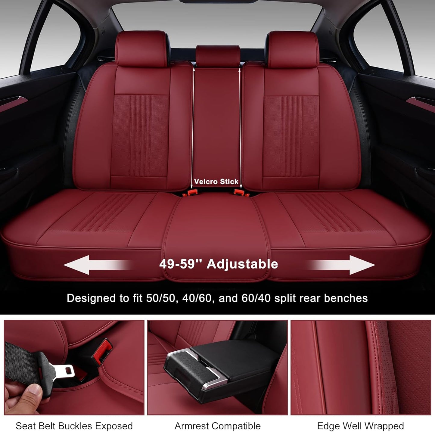 Car Seat Covers Full Set, Front and Rear Seat Covers for Cars, Waterproof Leather Auto Seat Protectors with Head Pillow, Car Seat Cushions Fit for Most Sedans SUV Pick-up Truck, Wine Red