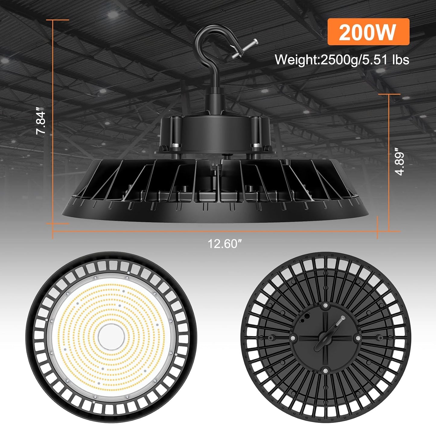 6Pack LED High Bay Lights, Super Bright 200W UFO High Bay LED Shop Lights, 30000LM 5000K, 0-10V Dimmable, 5' Cable Plug, IP65 Waterproof, ETL Listed Plug & Play Lighting for Gym Factory Warehouse