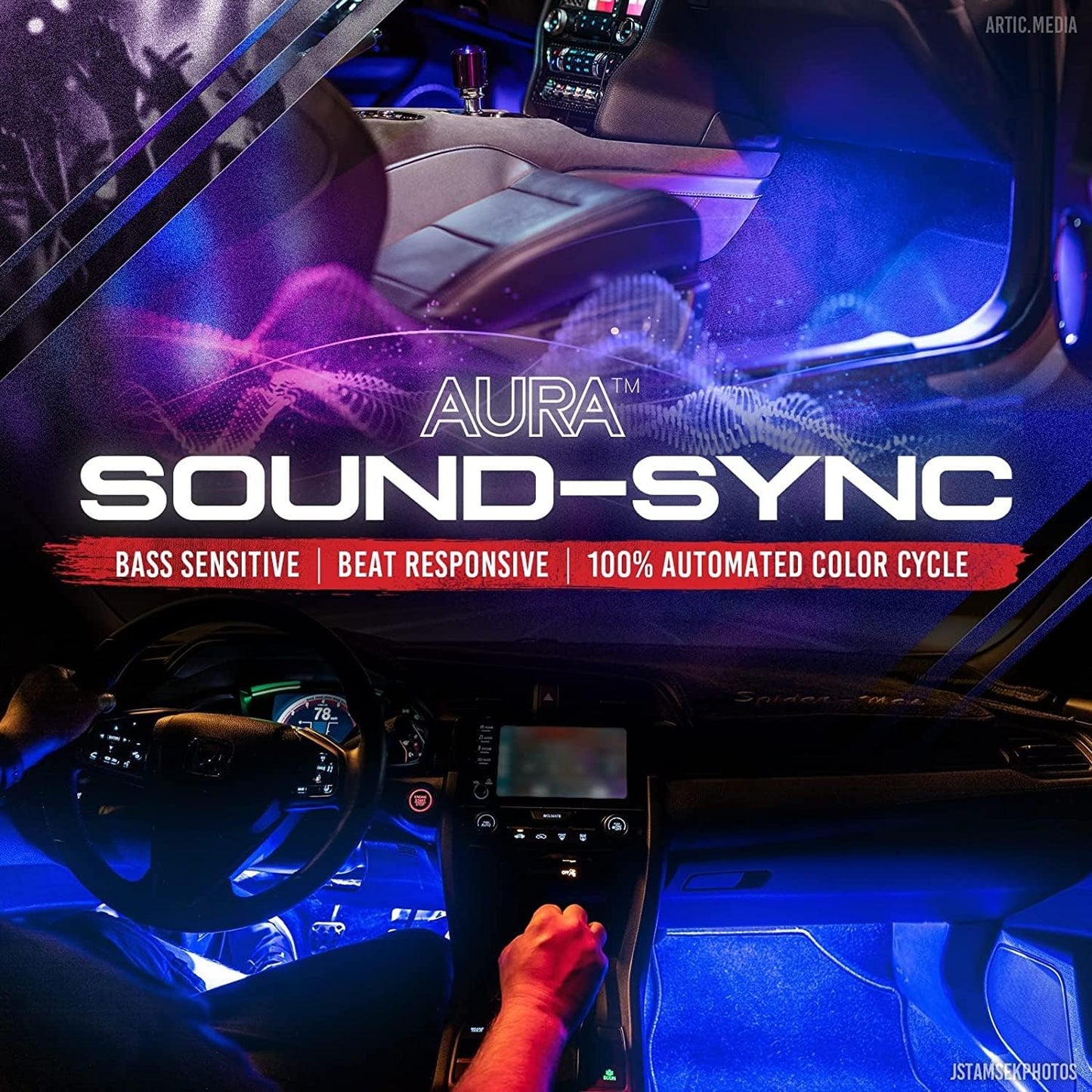 OPT7 Aura Interior Car Lights 6pc with Remote Control, Color Change, Music Sync Inside Ambient Lighting Kit, Car Truck LED Lights Under Dash Accessories, Charger Adapter 12V, 6pc Single Row LED Strip