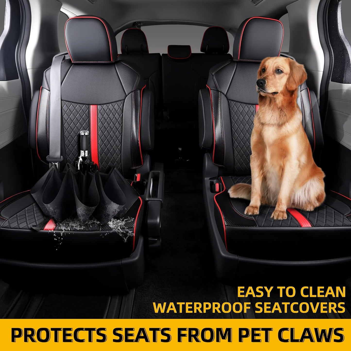 Custom Fit Sienna Seat Covers for Toyota Sienna LE,XLE 2021-2025 3-Row Accessories Full Coverage Waterproof Leather Car Seat Covers Full Set (Black with red, 8-Seat)