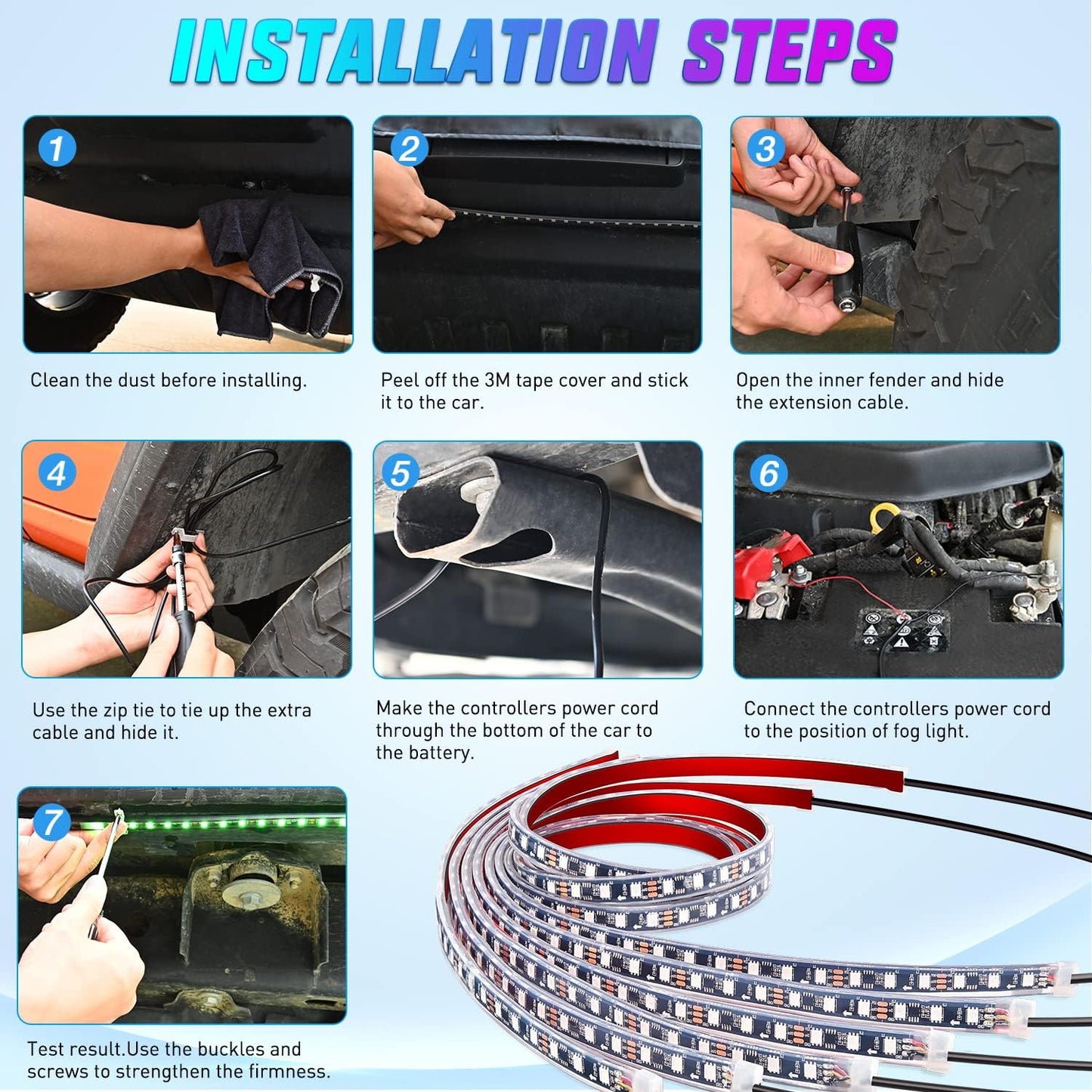 Nilight 6Pcs Car Underglow Neon Accent Strip Lights 300 LEDs RGB Multi Color DIY Sound Active Function Music Mode with APP Control and Remote for Van SUV Truck