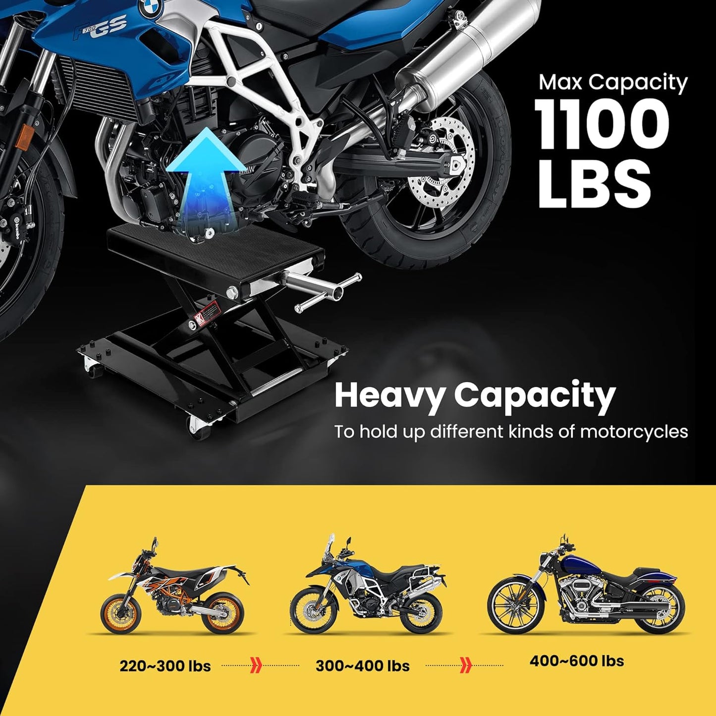 VIVOHOME 1100 Lbs Steel Wide Deck Motorcycle Lift ATV Scissor Lift Jack with Dolly and Hand Crank Bikes Garage Repair Hoist Stand Black