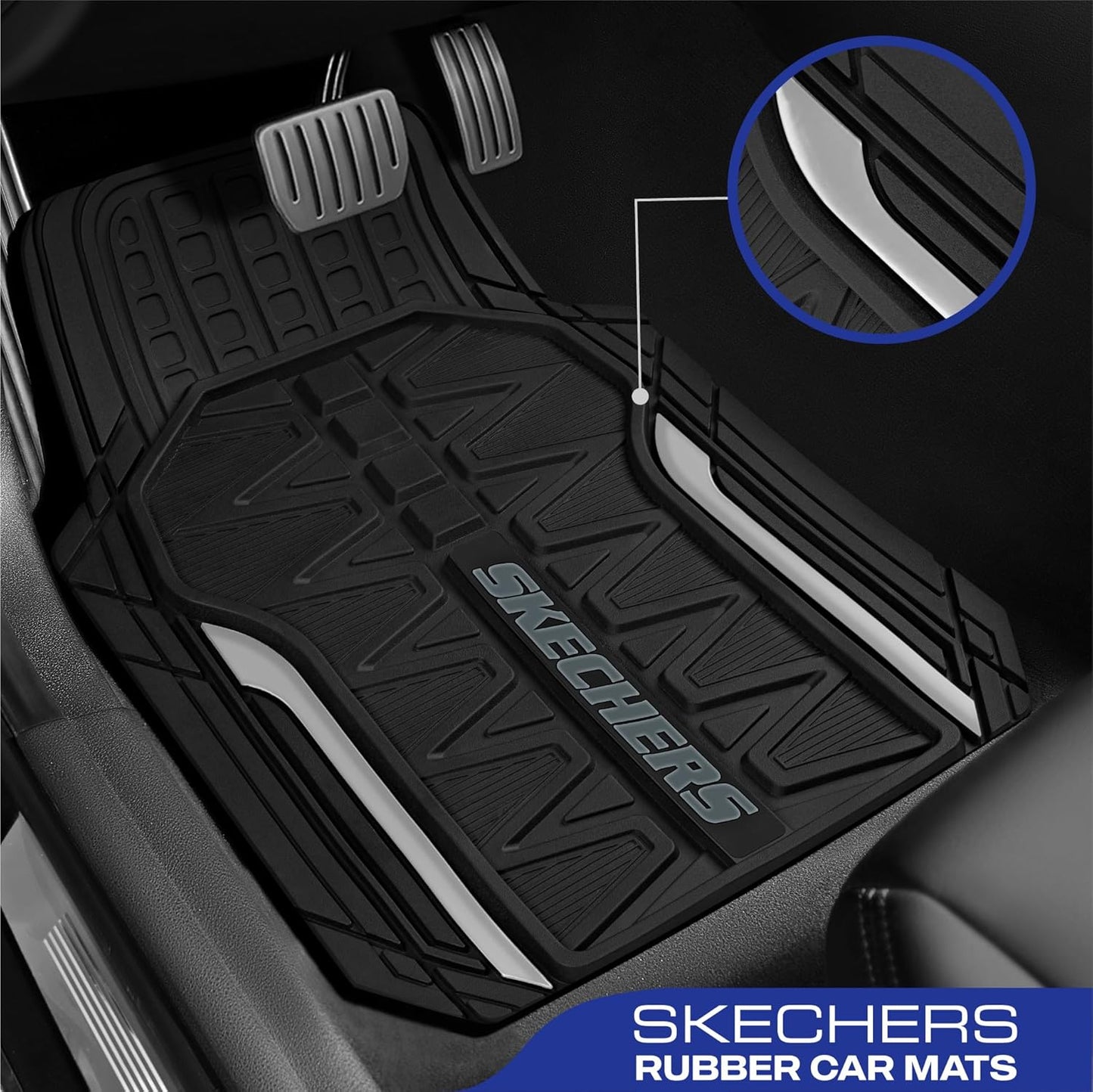 Skechers Heavy Duty Rubber Car Mats Full Set, All Weather Floor Mats, Waterproof Trim to Fit Universal Floor Liner, Automotive Floor Mats for Cars Trucks SUV, Sliver