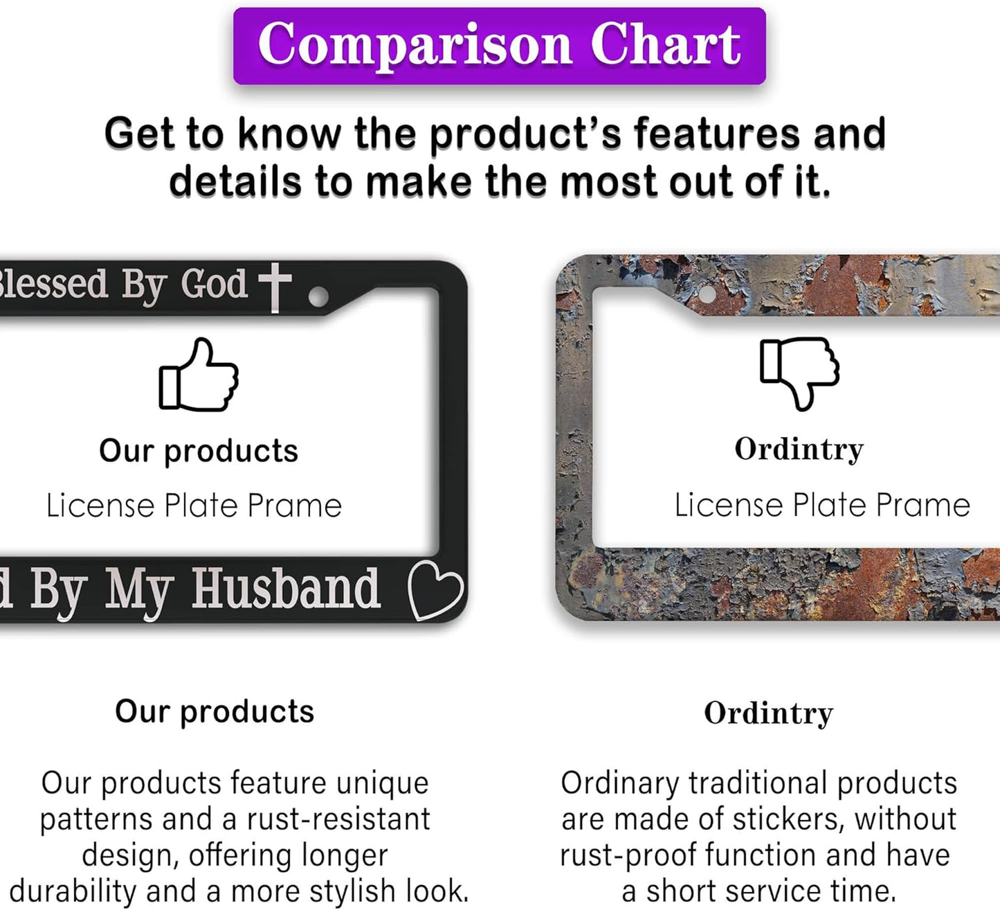 License Plate Frames Black and White Front License Plate Bracket Blessed by God Spoiled by My Husband Aluminum Metal Car Accessory 2 Pack with Screw Covers Set