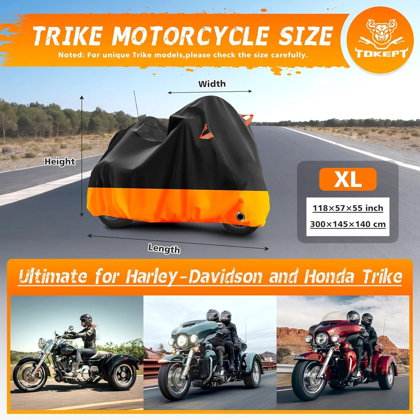 Trike Motorcycle Cover, Outdoor Waterproof Vehicle Cover with Windproof Buckle Reflective Strip for Harley Davidson, Honda Gold Wing, Kawasaki 3 Wheel Motorcycle Accessories (Black&Orange)
