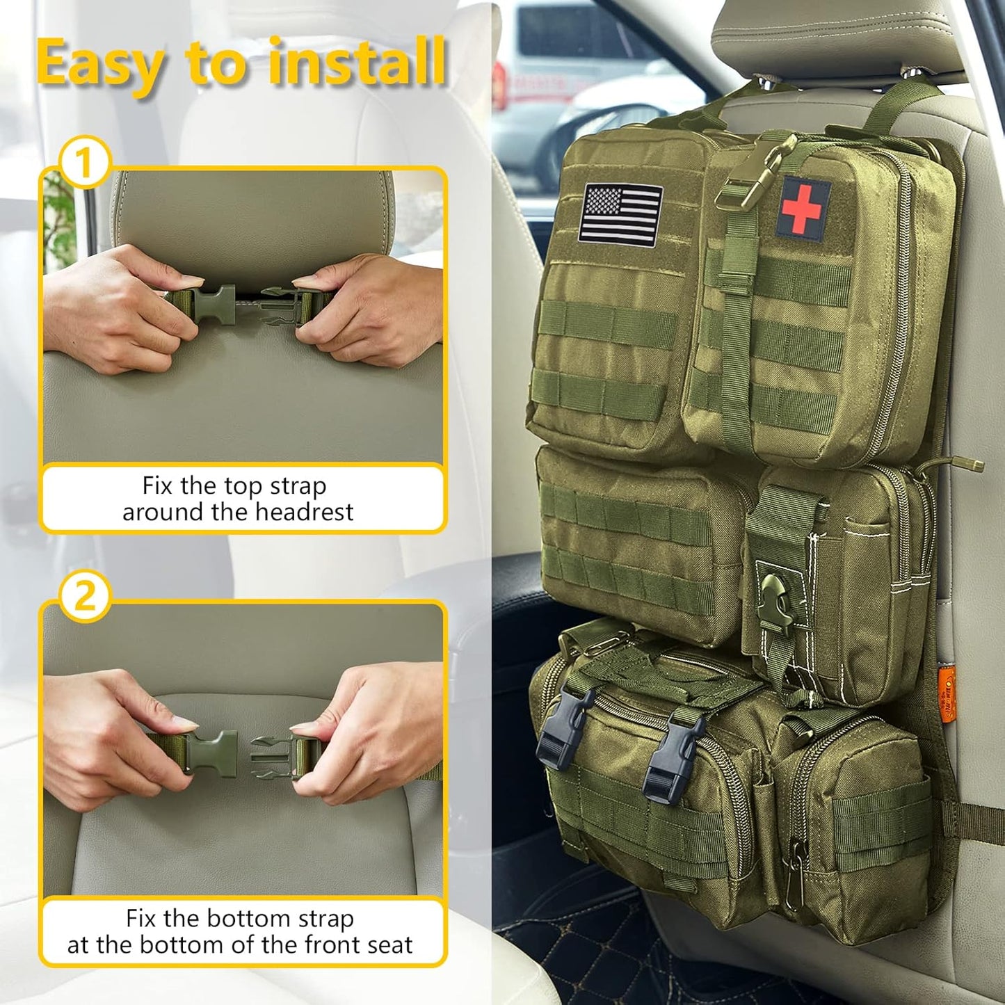 Universal Tactical Seat Back Organizer Vehicle Molle Panel Organizer Storage Bag with 5 Detachable Molle Pouch for All Vehicel Such as Jeep,Truck,SUV, Car, Ford,Chevy etc