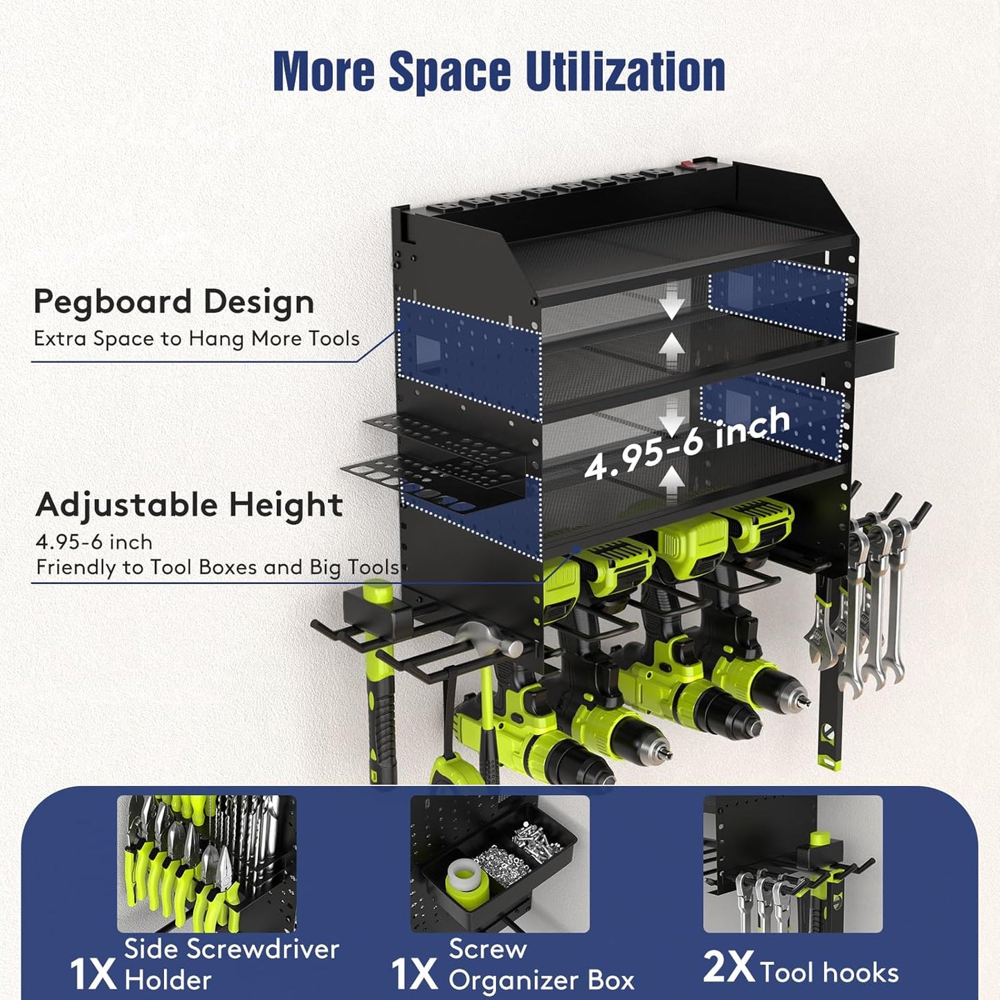 Heavy Duty Power Tool Organizer Wall Mount with Charging Station, 4 Layer Garage Storage Adjustable Shelves Height, Holds 4 Drills, 2 Hooks, Screw & Screwdriver box, Gifts for Fathers Day, Anniversary