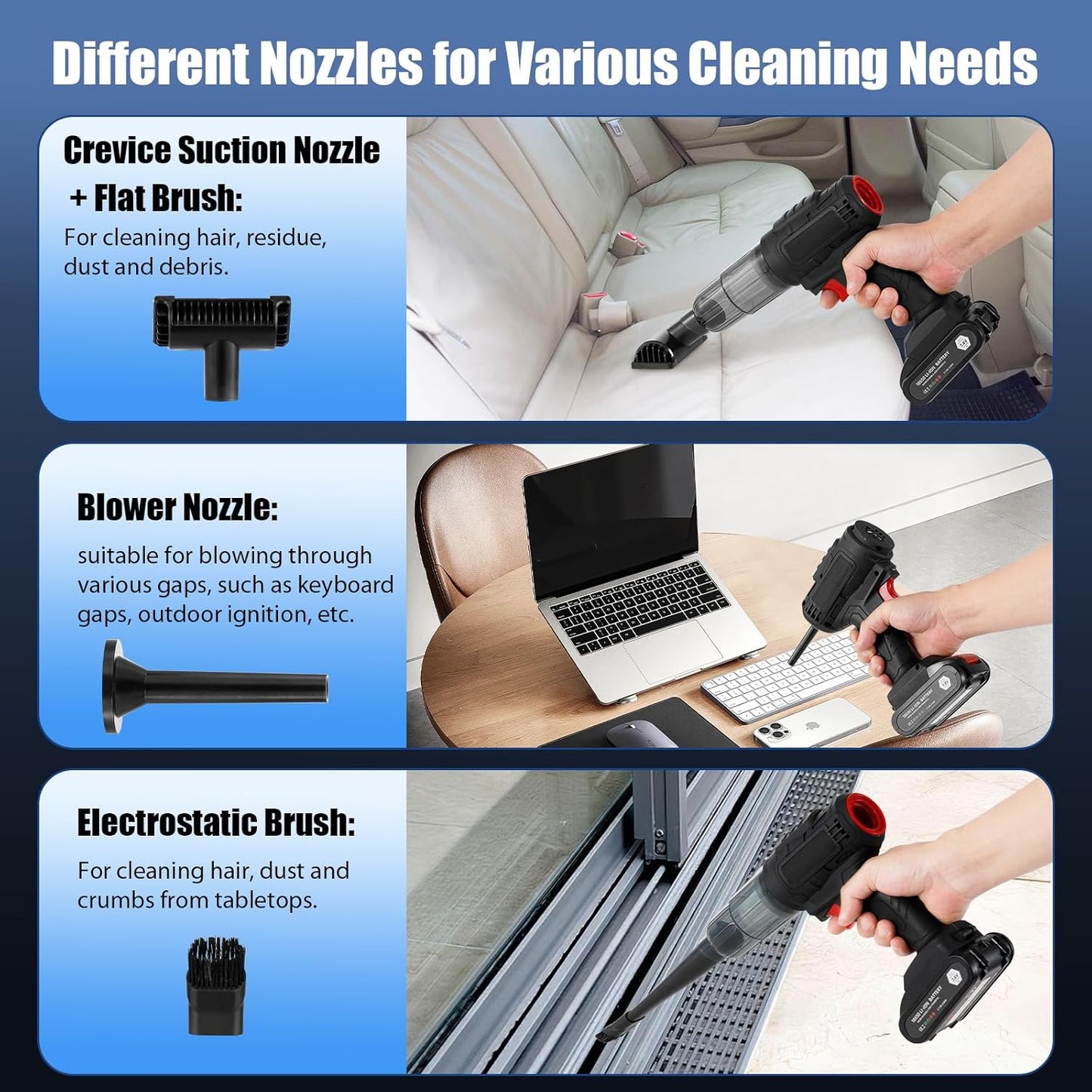 Car Vacuum Cleaner Portable Air Duster 2in1 Brushless Motor 80000 RPM Vacuum Suction Blower with LED Light Dual Use for Home Office Keyboard with 5pcs Nozzles and Carry Bag
