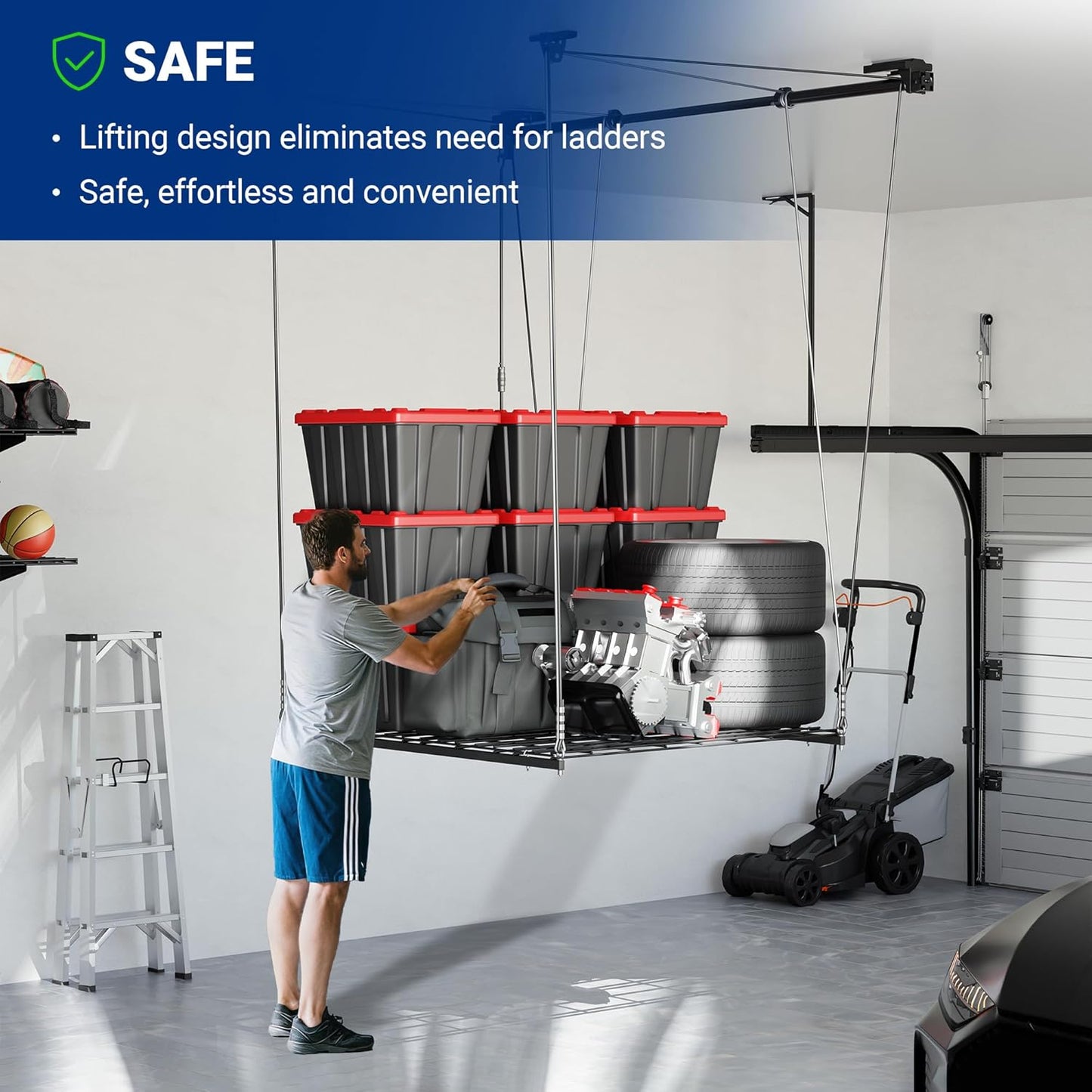 FLEXIMOUNTS Overhead Garage Storage Rack Lift, 4x4 Ft Heavy-Duty Garage Ceiling Storage Racks, Adjustable Organization System With 71'' L Axle, 300lbs Load Capacity, Flat Black