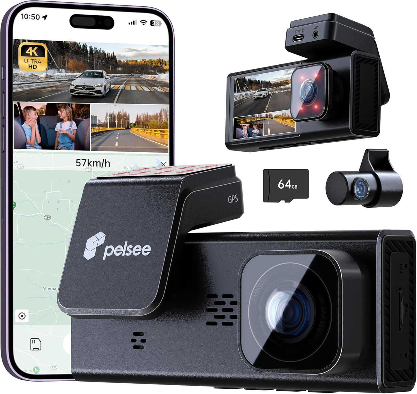 Pelsee 4K 3 Channel Dash Cam Front and Rear Inside, Dash Camera for Cars, 4K+1080P+1080P Dashcam with APP & WiFi, 64GB Card Included, Smart Driving System ADAS DMS, 24H Parking Mode,G-Sensor,256GB Max