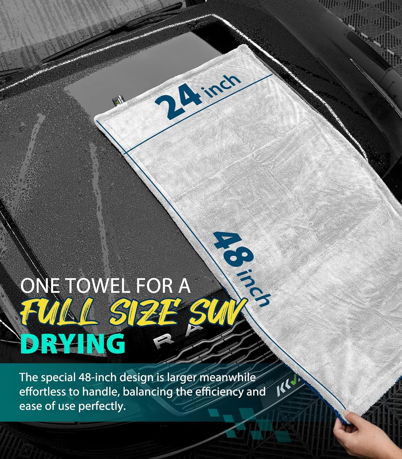 KKV Full-Sized SUV Drying Towel, 48”x24” Dual Sided Microfiber Car Cleaning Towel with Twisting Yarn Technique, 1400GSM Super Absorbent, Scratch-Free, Machine Washable (LightGrey-MarineBlue)