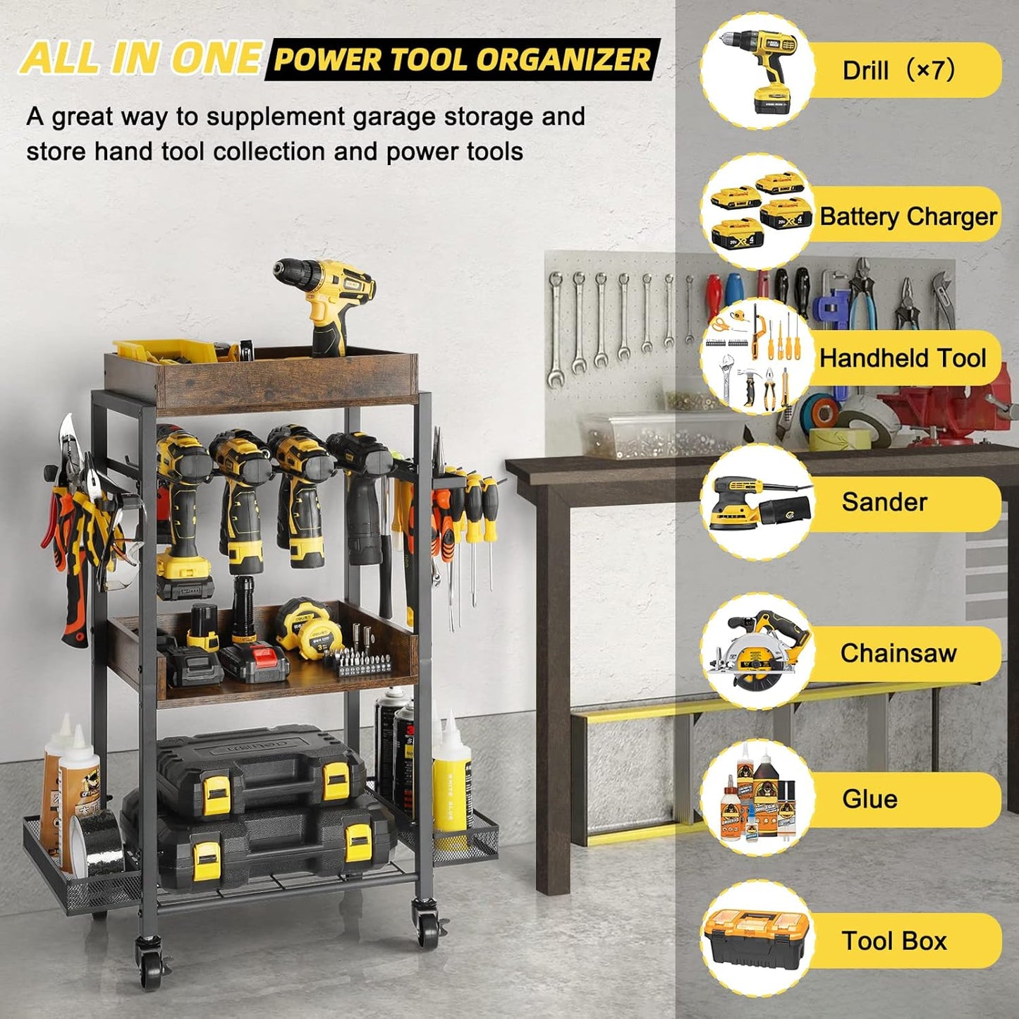 Power Tool Organizer Garage Storage Organization Shelving Tool Holder Drill Rack Shelf Rolling Cart Open Tool Chest Cabinet Box Organizer with Wheels Workshop Garage Gift Ideas for Men Dad