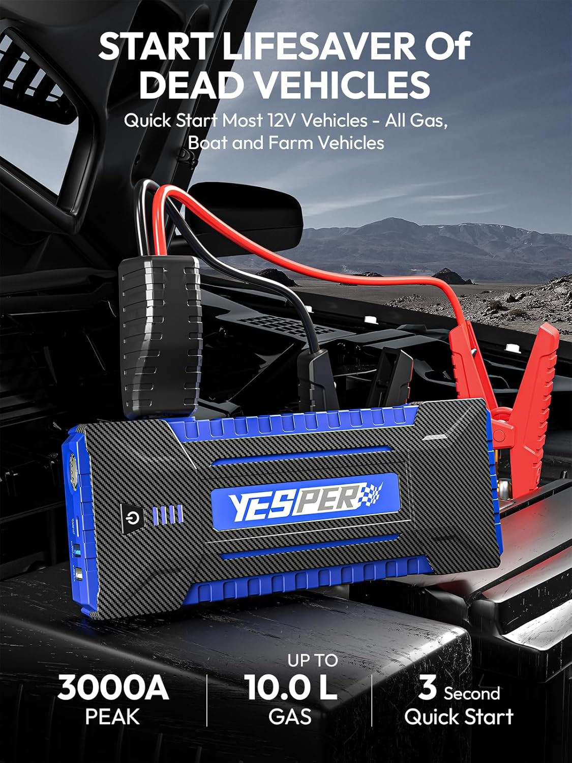 YESPER 2160A Car Jump Starter Portable，Battery Jumper Booster Pack, Boost Jump Box for Most 12V Vehicle (Up to 9.0L Gas/7.0L Diesel Engine), DSLI Safe Tech, PD 15W Fast Charge & DC 15V Port