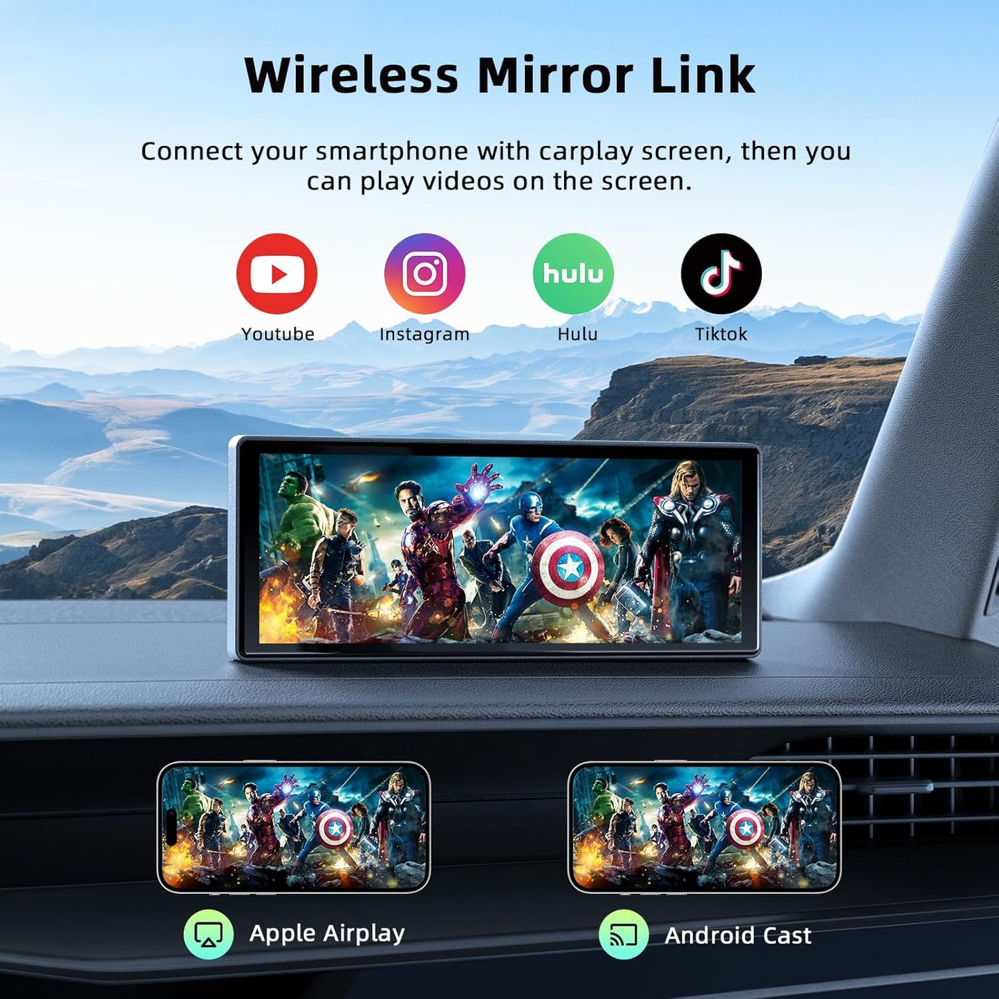 LAMTTO 9.26-inch Wireless CarPlay Screen for Car Compatable with Apple CarPlay& Android Auto,Portable Car Stereo with GPS Navigation,Bluetooth,Mirror Link,Drive Play,Touch Screen for All Vehicles
