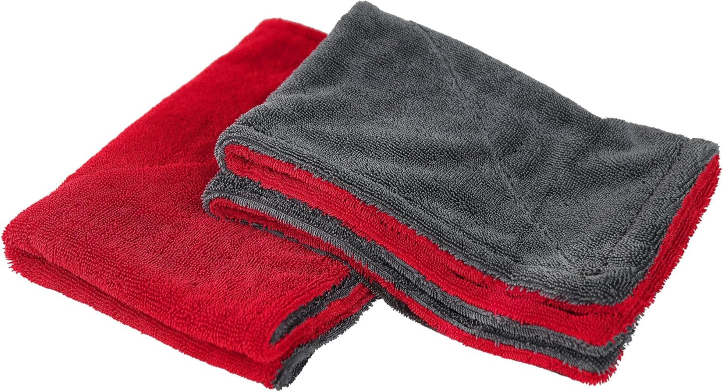 LIVOS 2 Pack Car Drying Towel, Premium Microfiber Towels for Cars, 1000GSM, Edgeless Twisted Loop Design, No Streaks, Scratches, or Water Spot, Absorbent Wash Towel, 18" x 24" (Red&Grey)