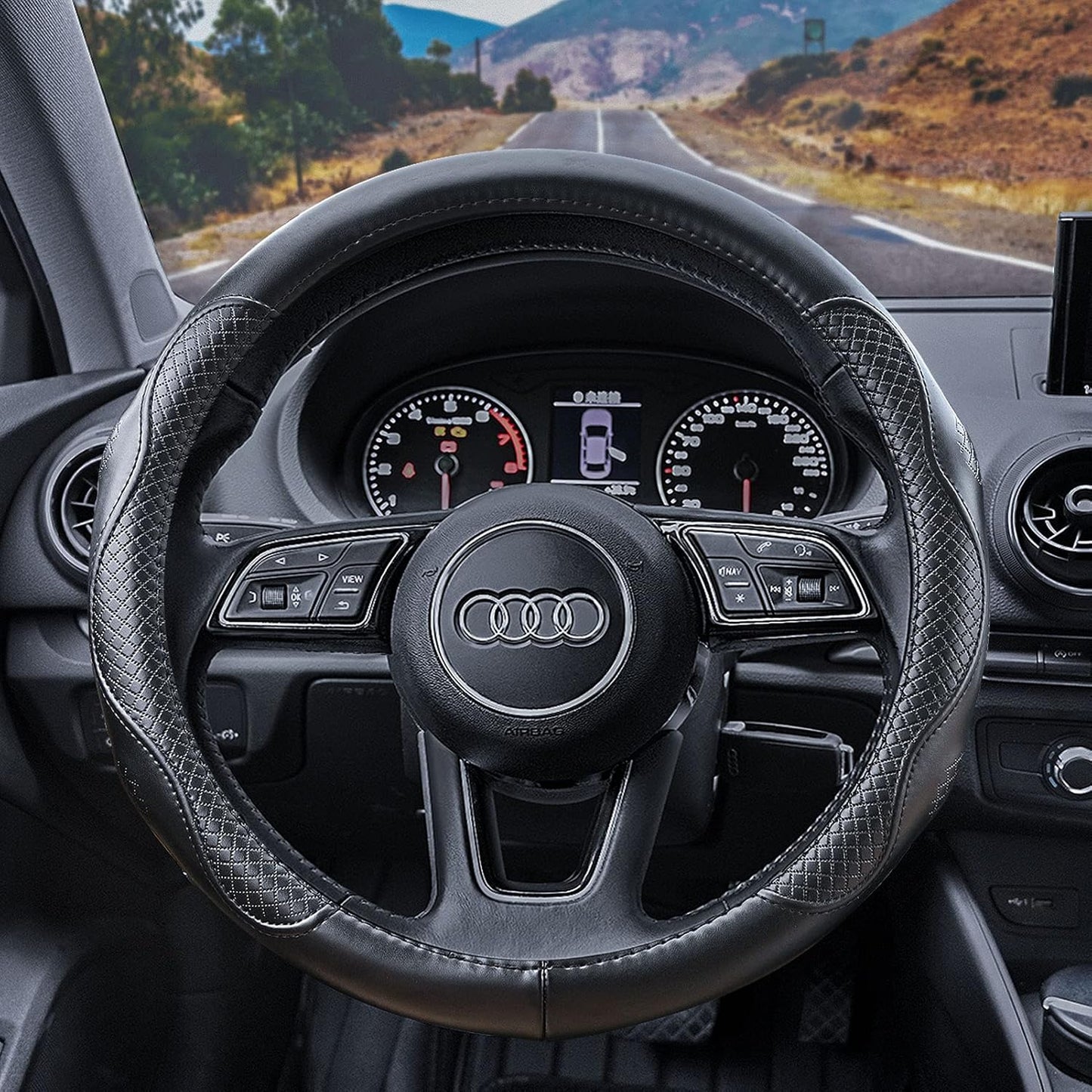 Haokay Heavy Duty Pure Cowhide Steering Wheel Cover, Black Genuine Leather Steering Wheel Cover Men Women Universal 14.5 to 15 Inch