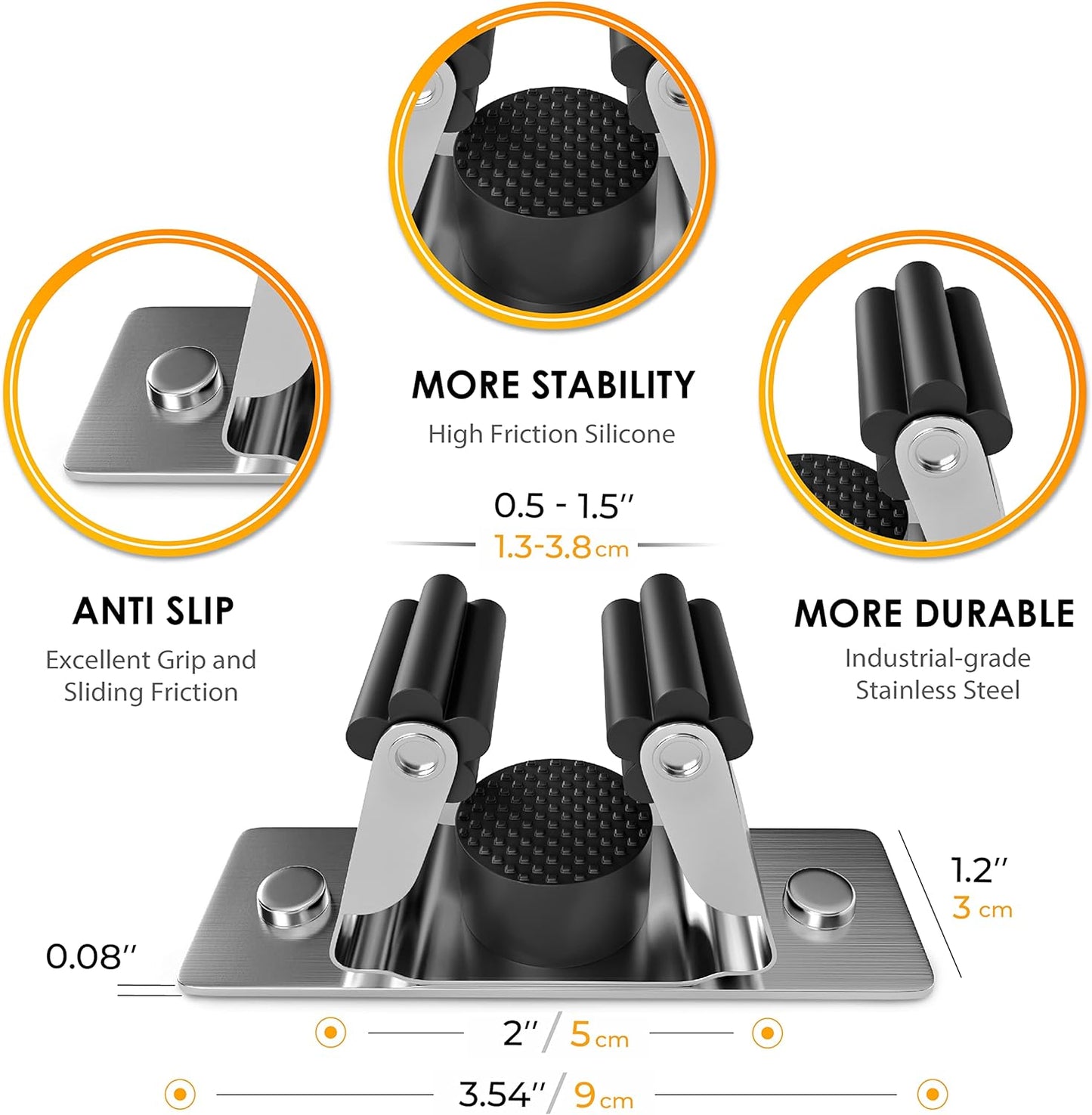Self Adhesive Broom and Mop Holder Wall Mounted – SUS304 Stainless Steel 2-Slot Organizer with Anti-Slip Rubber Grips, 25lb Load, Adjustable for 0.6–1.4" Handles, Garage Kitchen Bathroom Use, 3 Pcs