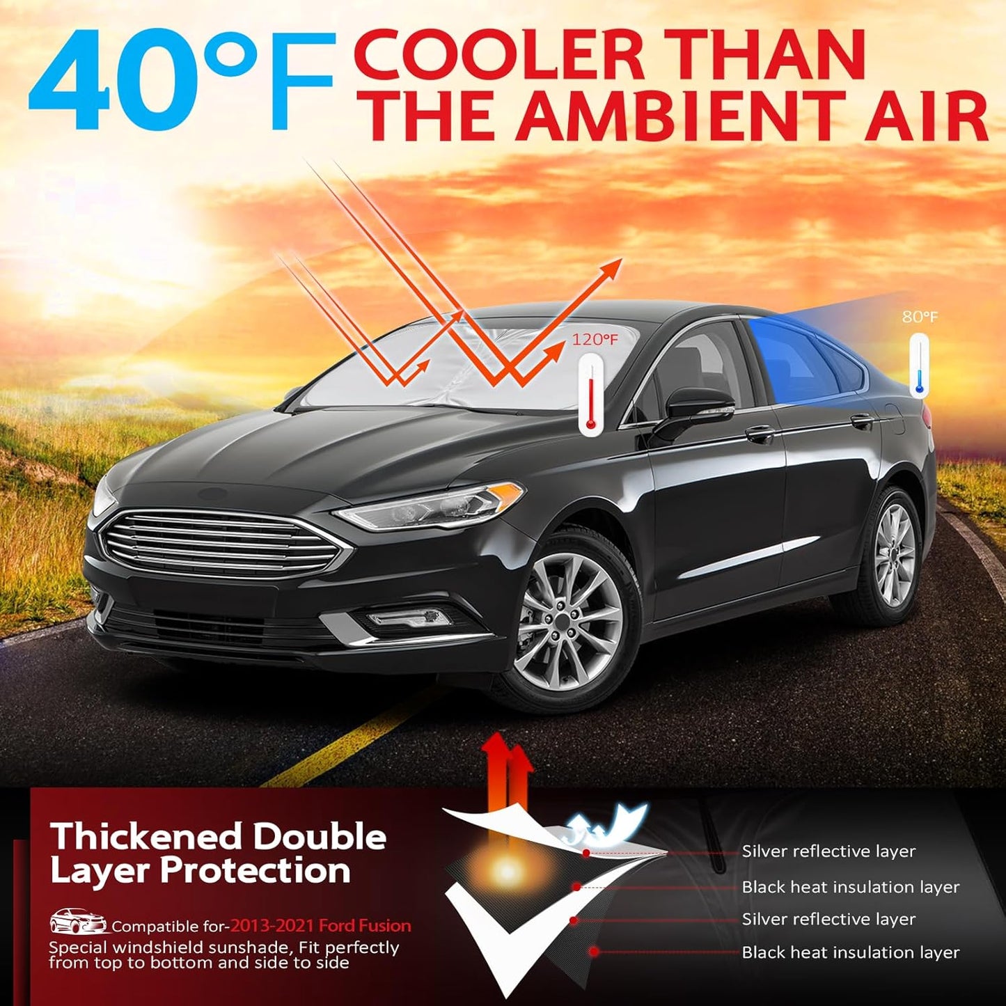 KAYZT Windshield Sun Shade for 2013-2021 Ford Fusion Foldable Sunshade Front Window Custom Fit Car Accessories