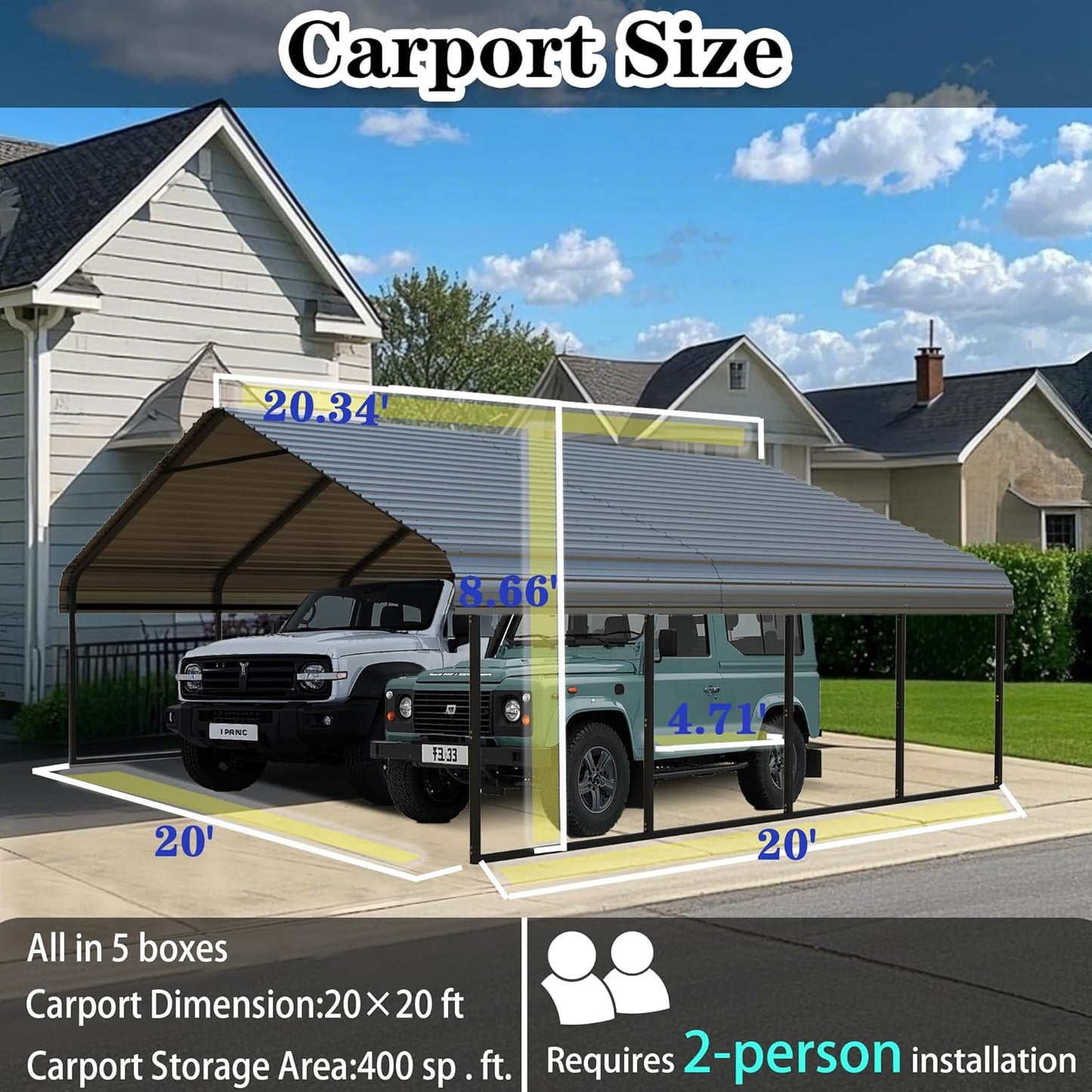 Heavy Duty Metal Carport 20x20 ft Galvanized Steel Frame RV Carport Storage All Weather Shelter Easy Assembly for 2 Car Extra Large Canopy for Dual Vehicle Boat Protection Garage Party Tent