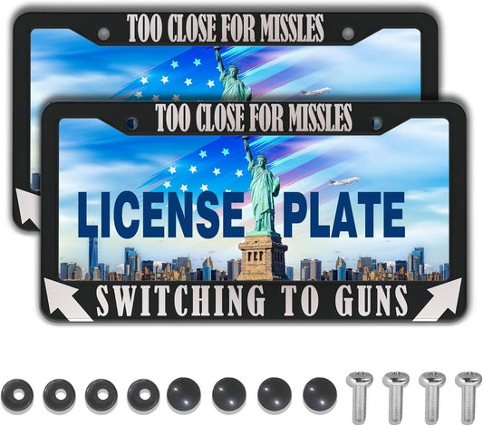 License Plate Frames Black and White License Plate Cover Too Close Missiles Switching to Guns Aluminum Metal Car Accessory 2 Pack with Screw Covers Set