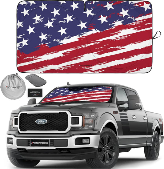 Autoamerics Truck Windshield Sun Shade with Storage Pouch & Anti-Slip Dash Pad - Foldable USA Art Flag-2 Design - Fits Most SUVs & Trucks - Blocks UV Rays and Keeps Car Cool | X-Large (66 x 36 inches)