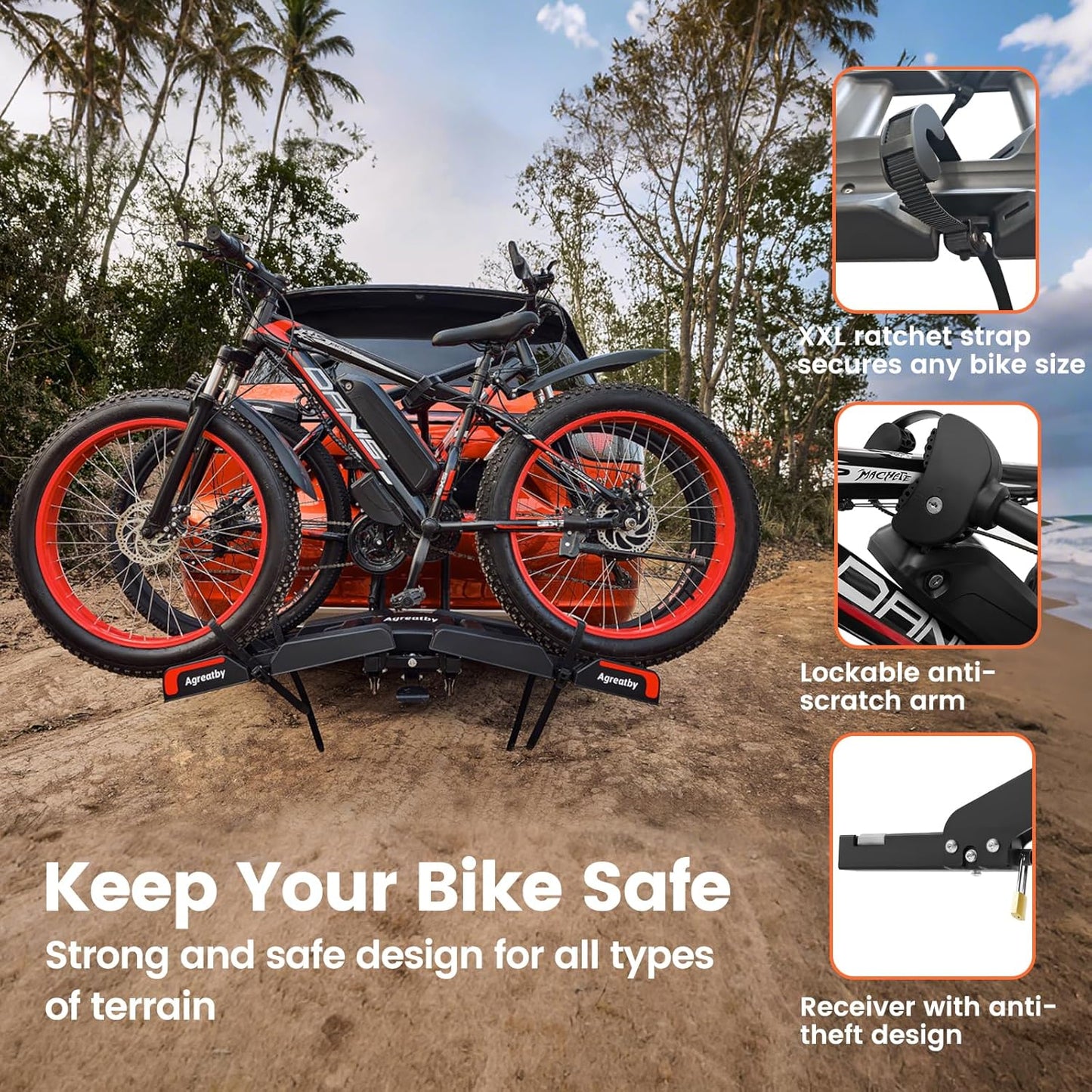 2-Bike Hitch Bike Rack with Ramp - 200 LBS Capacity Fat Tire Ebike Rack, XXL Wheel Straps, Lockable, Foldable & Tiltable - Fits 2" Receivers on Cars, SUVs, Trucks, Trailers - No Installation Needed