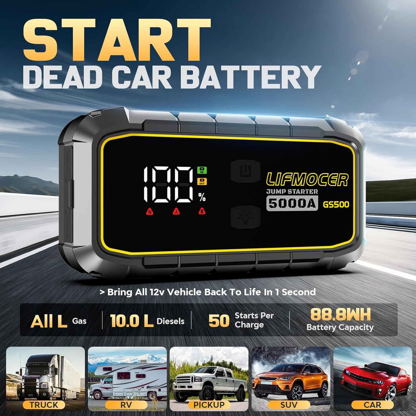 GS500 Car Jump Starter - 5000A Car Battery Jump Starter for Up to All Gas and 10.0L Diesel Engines, 12V Portable Jump Box with Storage Case USB Quick Charge, and LCD Display