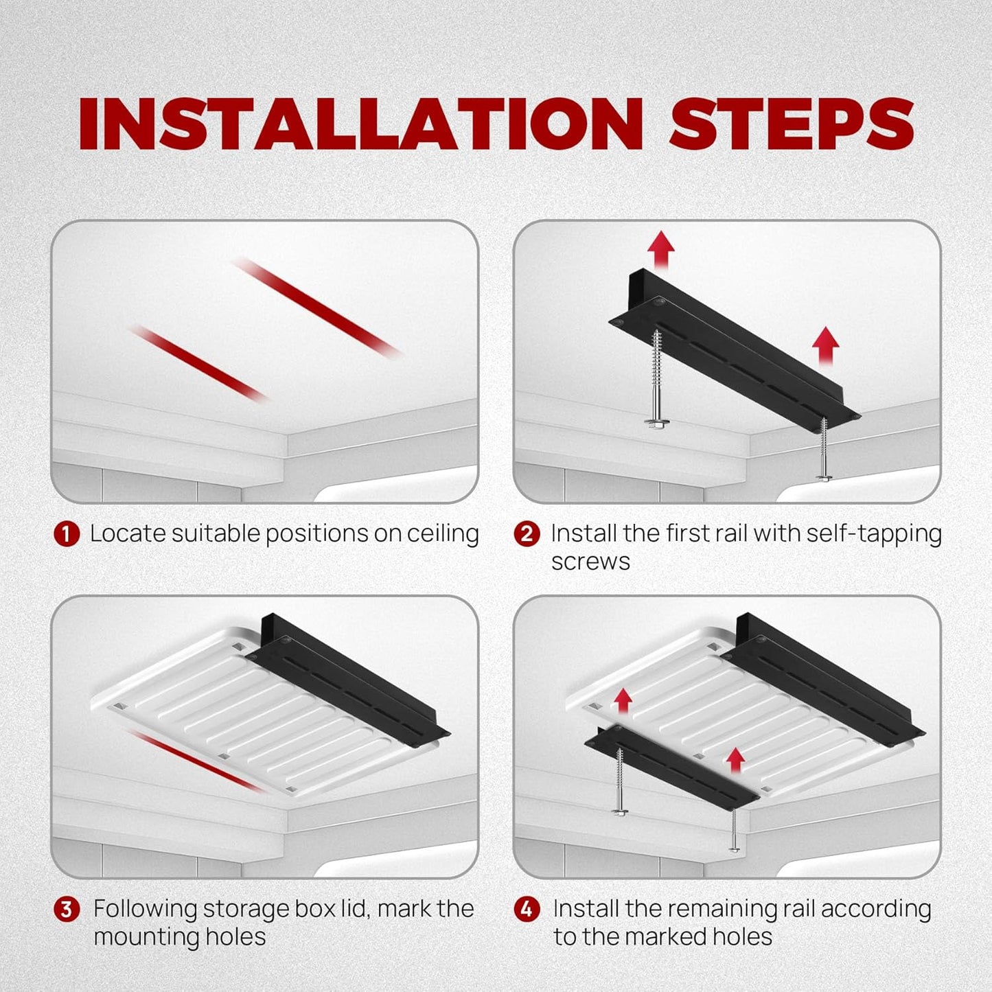 Adjustable Overhead Garage Storage Rack System – Heavy-Duty Ceiling Bin Rail Organizer for Most Storage Bins, Fits 3 Bins per Set (4 Sets Included)