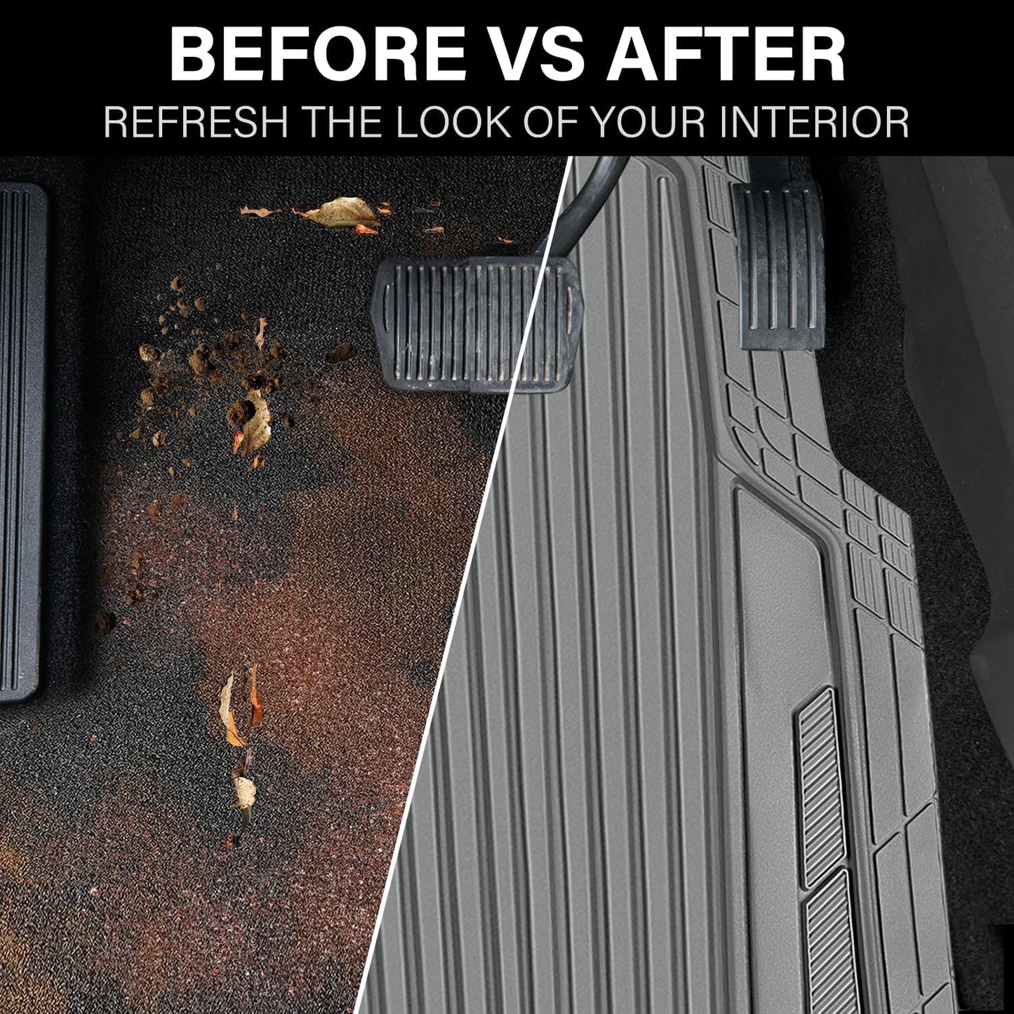 CAR PASS Heavy Duty Sporty Rubber Car Mats, Deep Dish All Weather Car Floor Mats Full Set, Waterproof Anti-Slip Automotive Matts Rugs Trim to Fit for Most Sedans SUVs Vans, 4-Piece All Gray