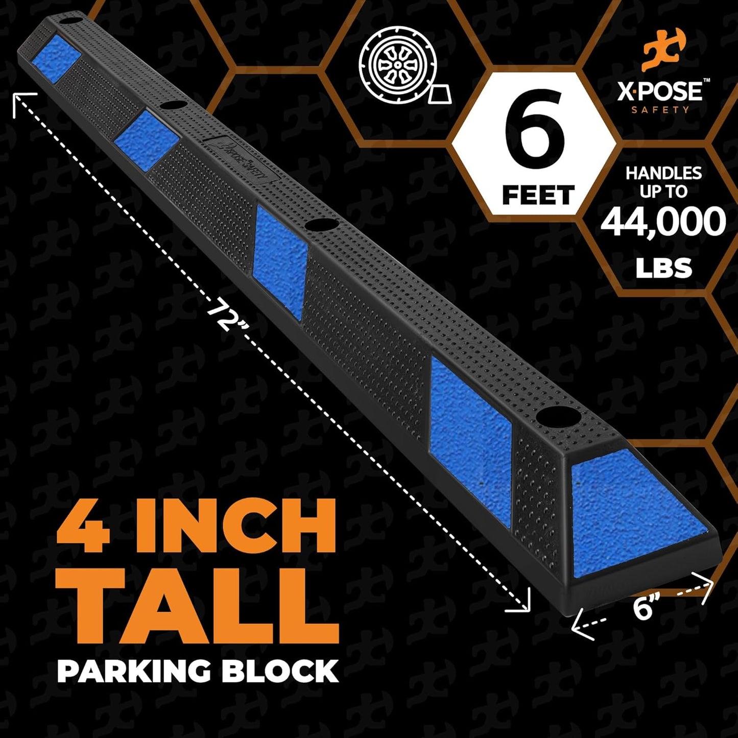 Xpose Safety 72" Heavy Duty Rubber Parking Stopper – Bulk 2 Full Pallets 100 Pack Wheel Blocks for Garage, Driveway, or Ramp – Car Bumper Stop with Blue Reflective Strips – Removable Floor Mount