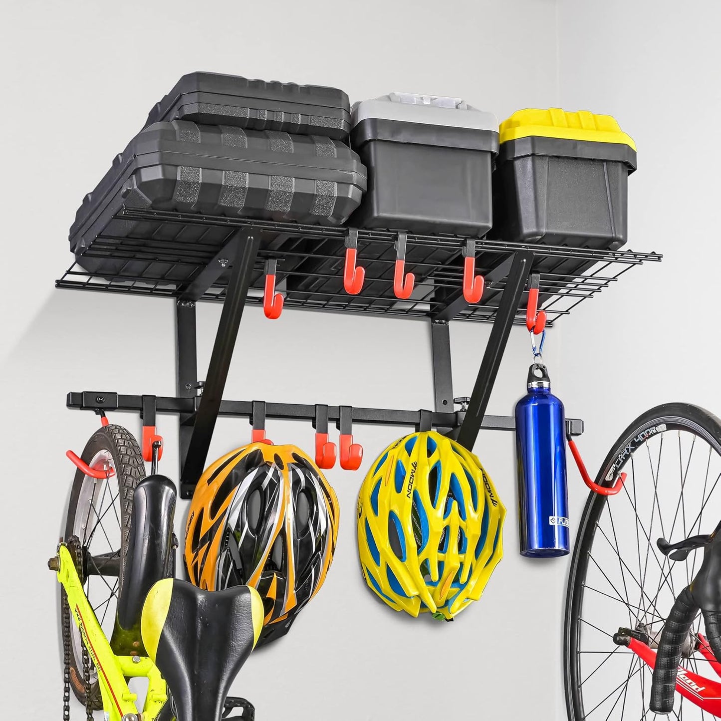PLKOW Garage Wall Shelving 1 Pack Includes 2 Bike Hooks, Wall Shelves Garage Organizer with Vertical Bike Hanger, Powder Coated Steel (1 Pack)