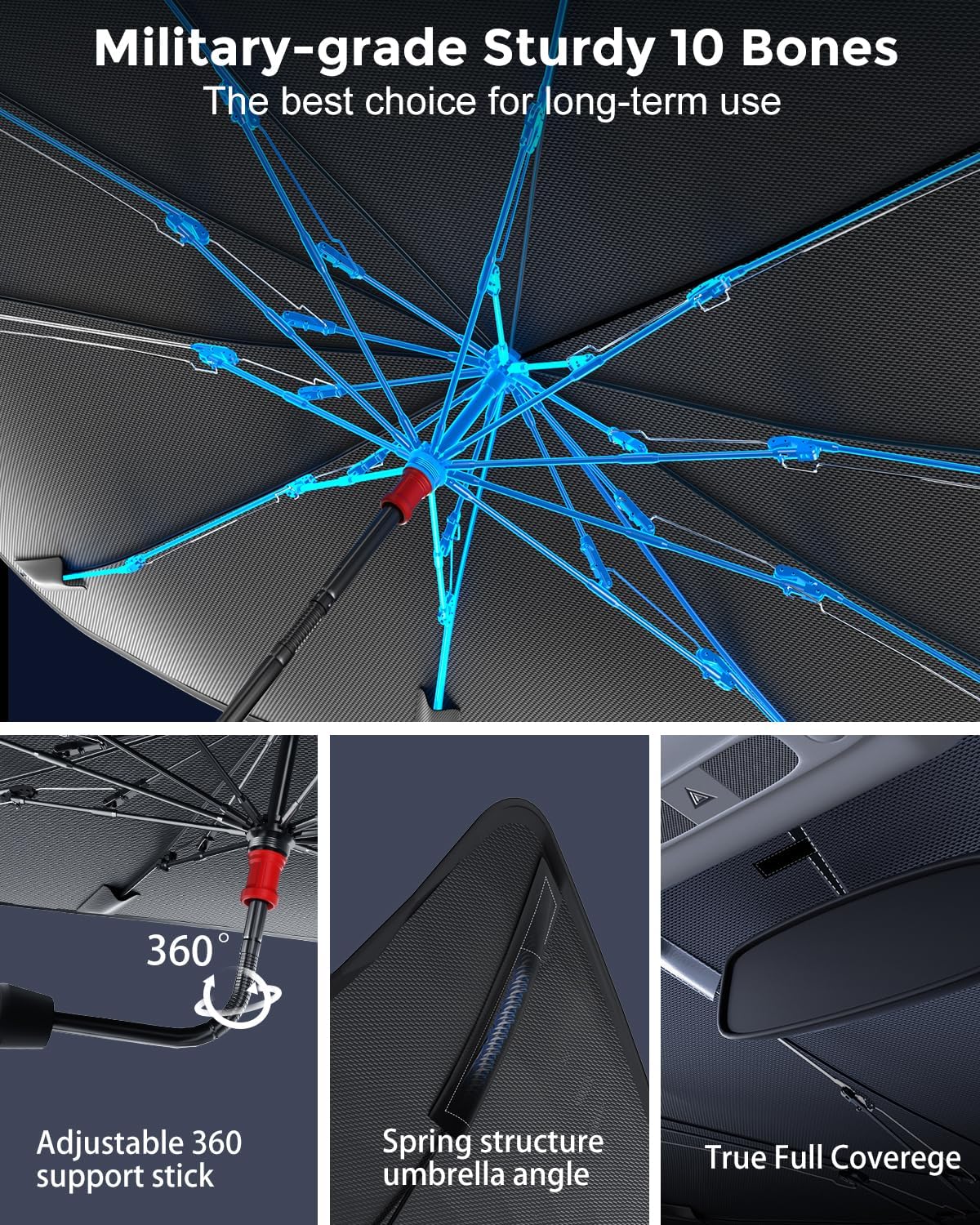 [Updated Version] Car Windshield Sun Shade, [Effective Keep Cool] Spring Structure Umbrella Sunshade for Cars Windshield, Protect from Sun Rays, Heat Damage and Protect Interior