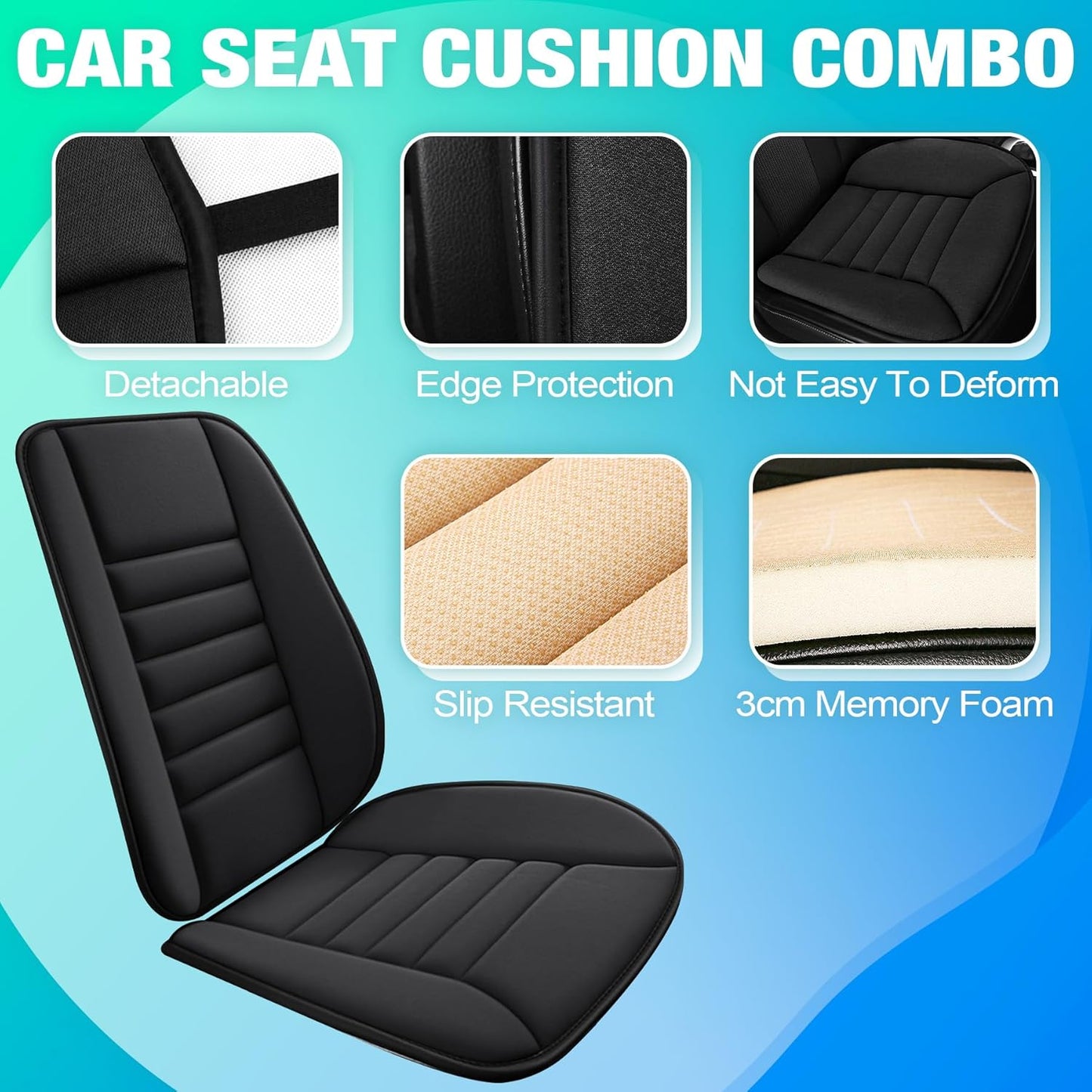 MYFAMIREA Car Seat Cushion and Back Support Pillow 1.2'' Thick Memory Foam Desk Chair Cushion Back Support for Automotive Seat Driver, Travel, Leg and Back Pain Relief, Washable, Adjustable, Black