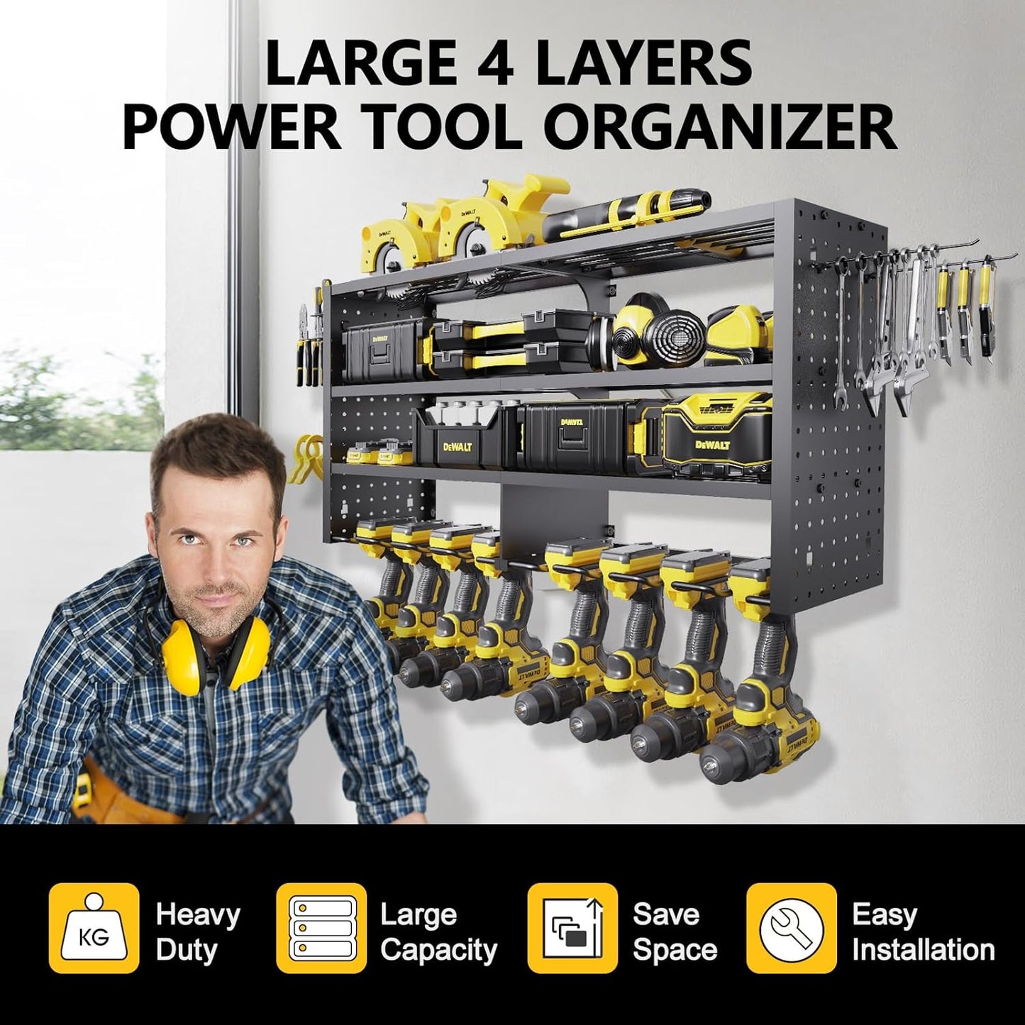 Large Power Tool Organizer Wall Mount, 4 Layer Garage Storage Cordless Tool Organizer with 8 Drills Holder, Heavy Duty Premium Metal Load 400 lbs, Ideal Garage Organization Gifts for Men